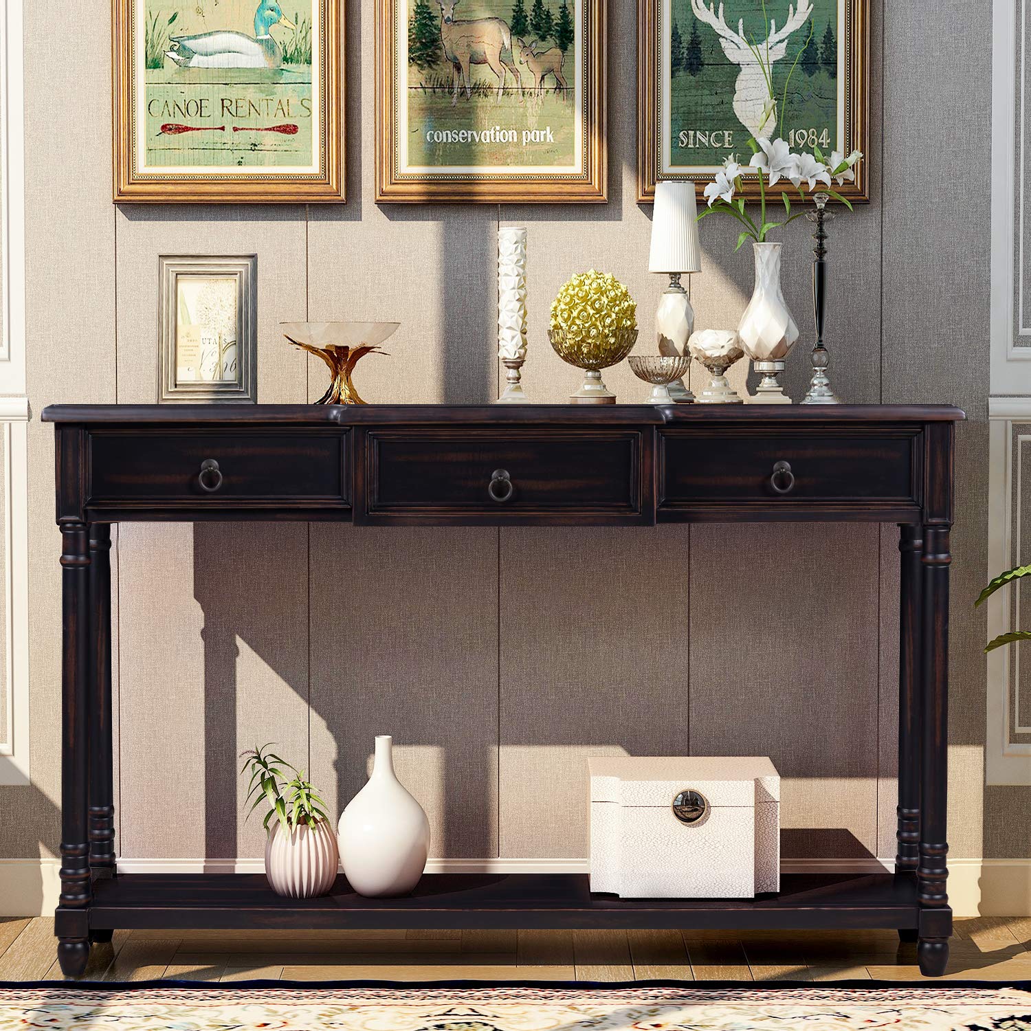 Merax Classic Entryway Console Table with Storage Drawers & Bottom Shelf - Espresso Finish for Hallway, Living Room & Foyer Organization
