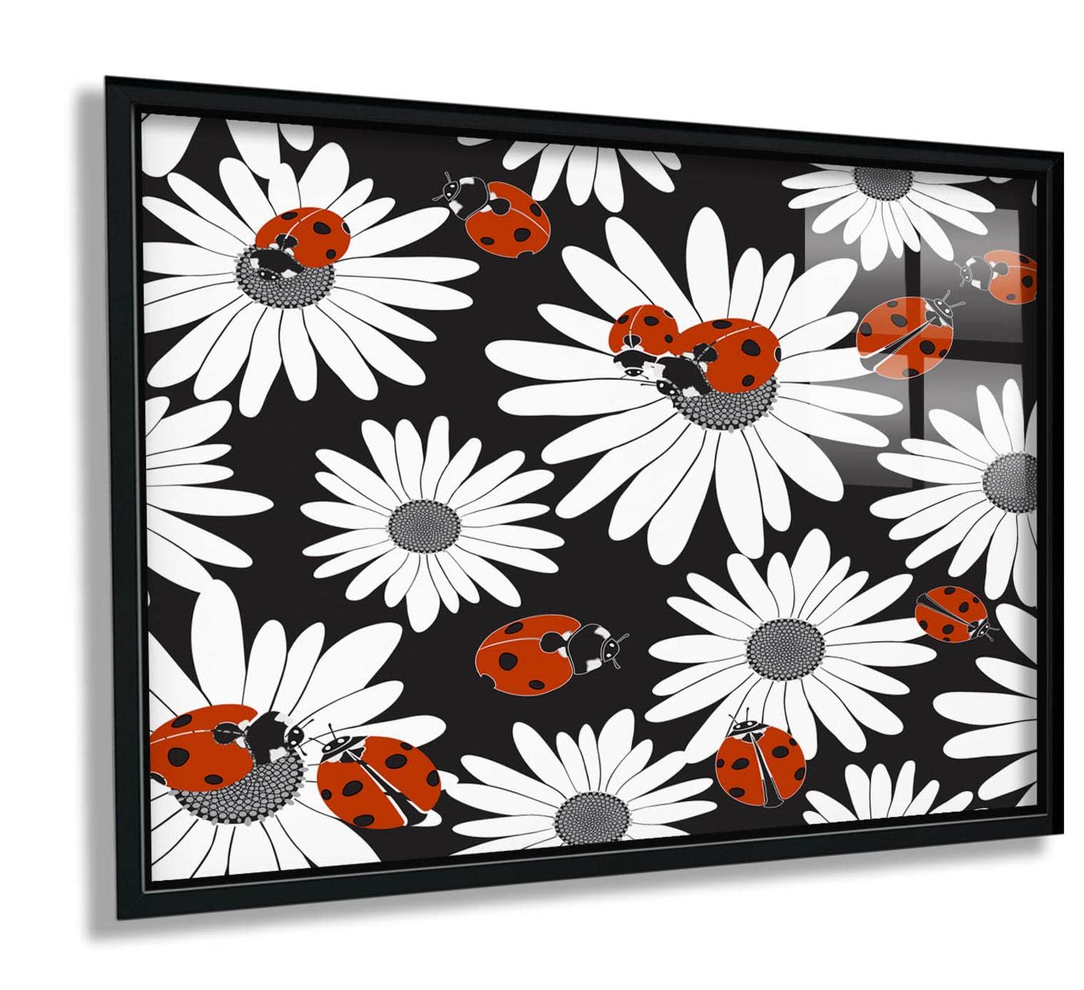 Ladybug Flowers Colorful Wall Art Canvas Painting - Black Aluminum Framed 12x16 Inch - Modern Home Decor for Bedroom, Living Room, Office, Kitchen & Bathroom - Perfect Gift for Housewarming & Interior Design