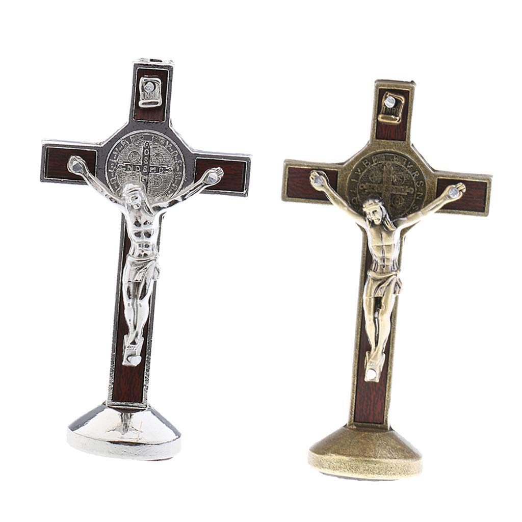 KAUTO 2-Piece Mini Metal Crucifix Christ Statue - Catholic Religious Desk Decor for Home, Office & Prayer Space - Perfect Gift for Baptism, First Communion & Easter