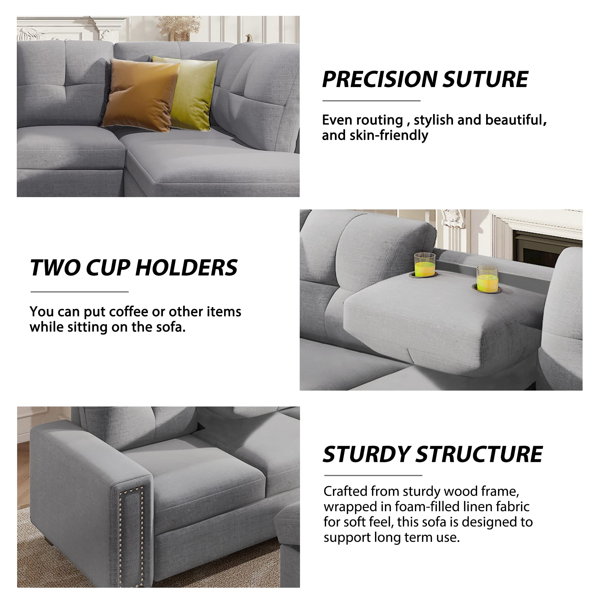 P PURLOVE L-Shaped Sectional Sofa with Reversible Chaise Lounge, Storage Ottoman & Cup Holders - Modern Living Room Furniture Set with Nail Head Trim in Light Gray | Perfect for Small Spaces, Apartments & Cozy Home Decor
