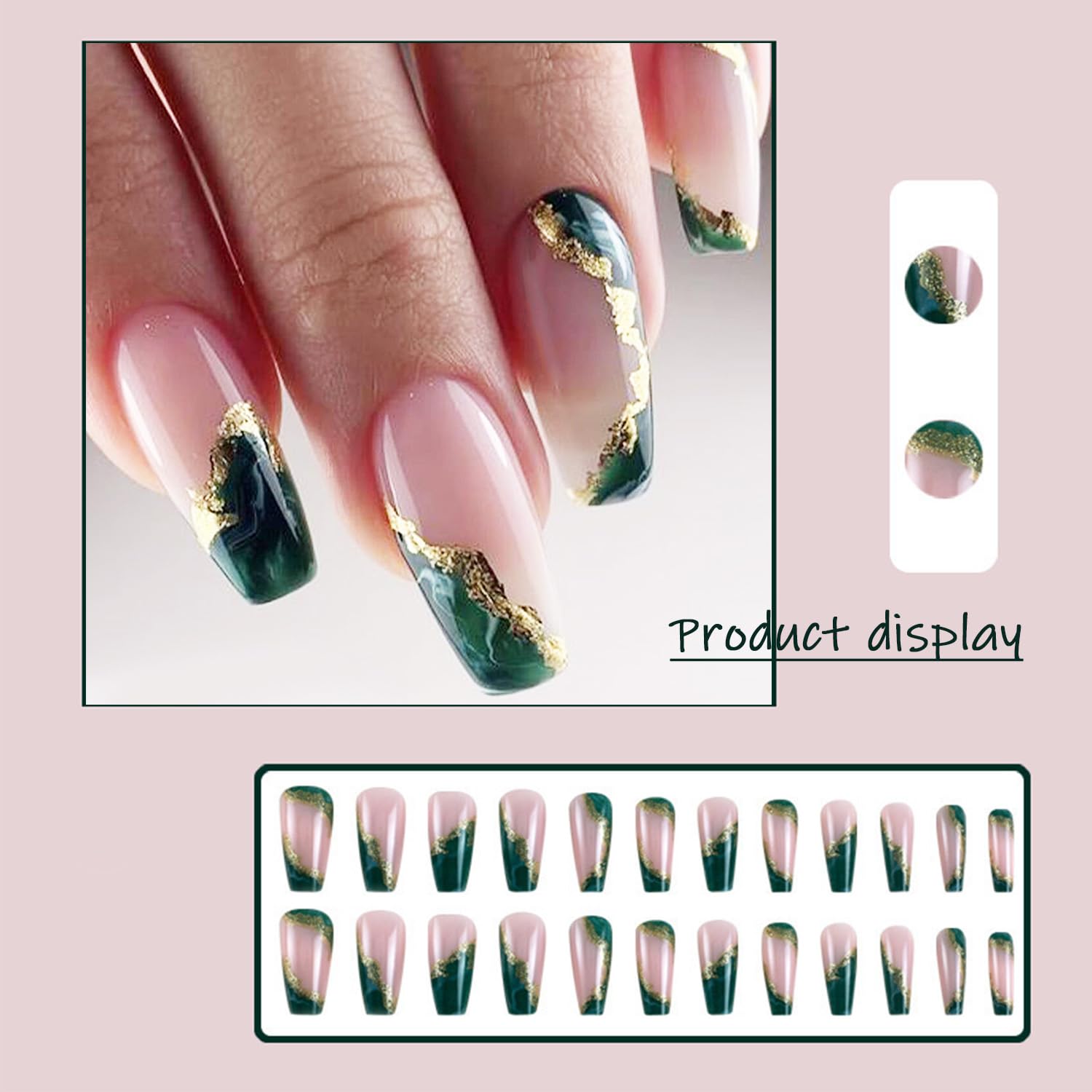 Dark Green Press On Nails - Medium Marble False Nails with Glitter & Gold Foil Designs, Coffin Shape, Reusable Acrylic Full Cover Artificial Nails with Glue (24pcs) - Perfect for Parties, Weddings, and Everyday Glam