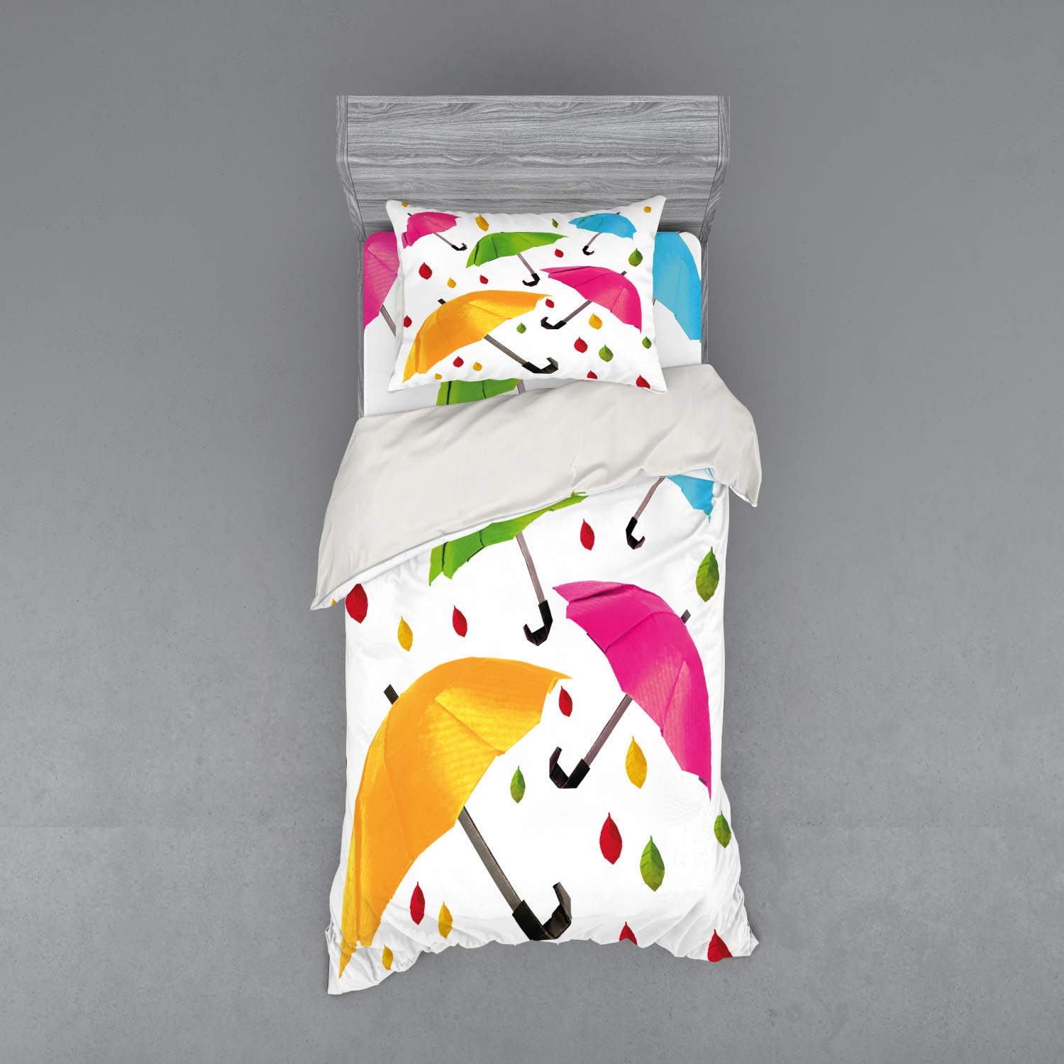 Ambesonne Waterproof Umbrella Duvet Cover Set - 3 Piece Bedding with Sham & Fitted Sheet, Twin Size, Colorful Leaf Droplet Design for All-Season Comfort | Perfect for Kids Rooms, Guest Bedrooms & Dorm Decor