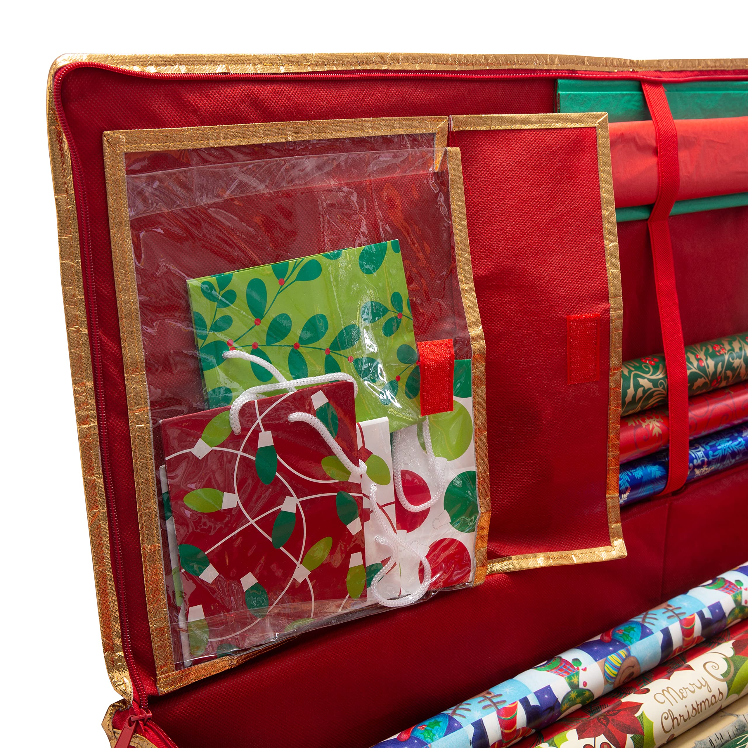 Simplify Holiday Gift Wrap Storage Tote with Compartments for Ribbons & Bows | Zipper Closure & Carry Handle | Christmas Organization Solution | Perfect for Wrapping Paper Storage, Holiday Decor Organization & Gift Wrapping Station (Red)