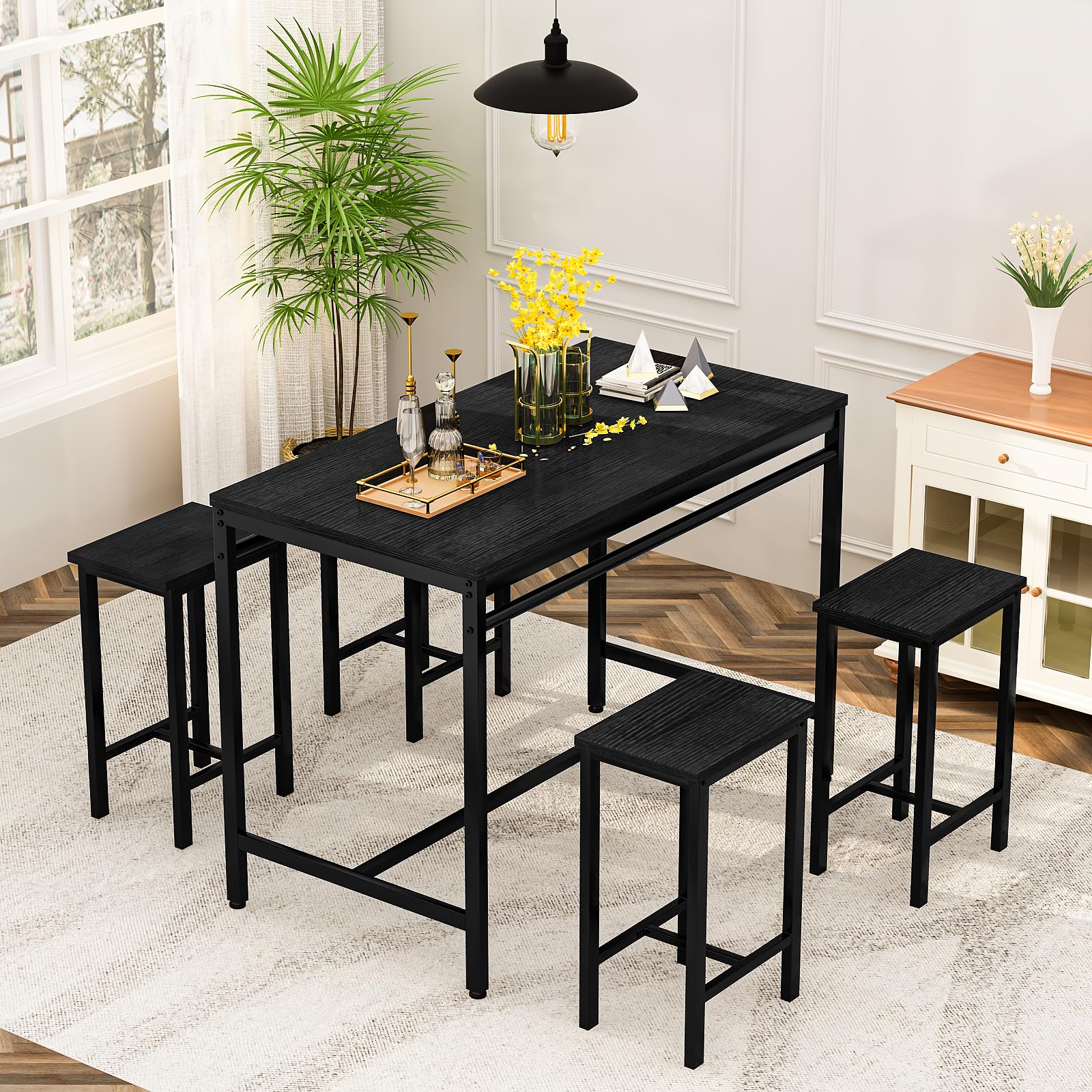 Modern 5-Piece Counter Height Dining Bar Table Set for 4 - Black Bar Table & 4 Stools for Small Spaces, Apartments, Pubs, Kitchen & Dining Room - Perfect for Entertaining, Breakfast Nooks & Compact Living Areas