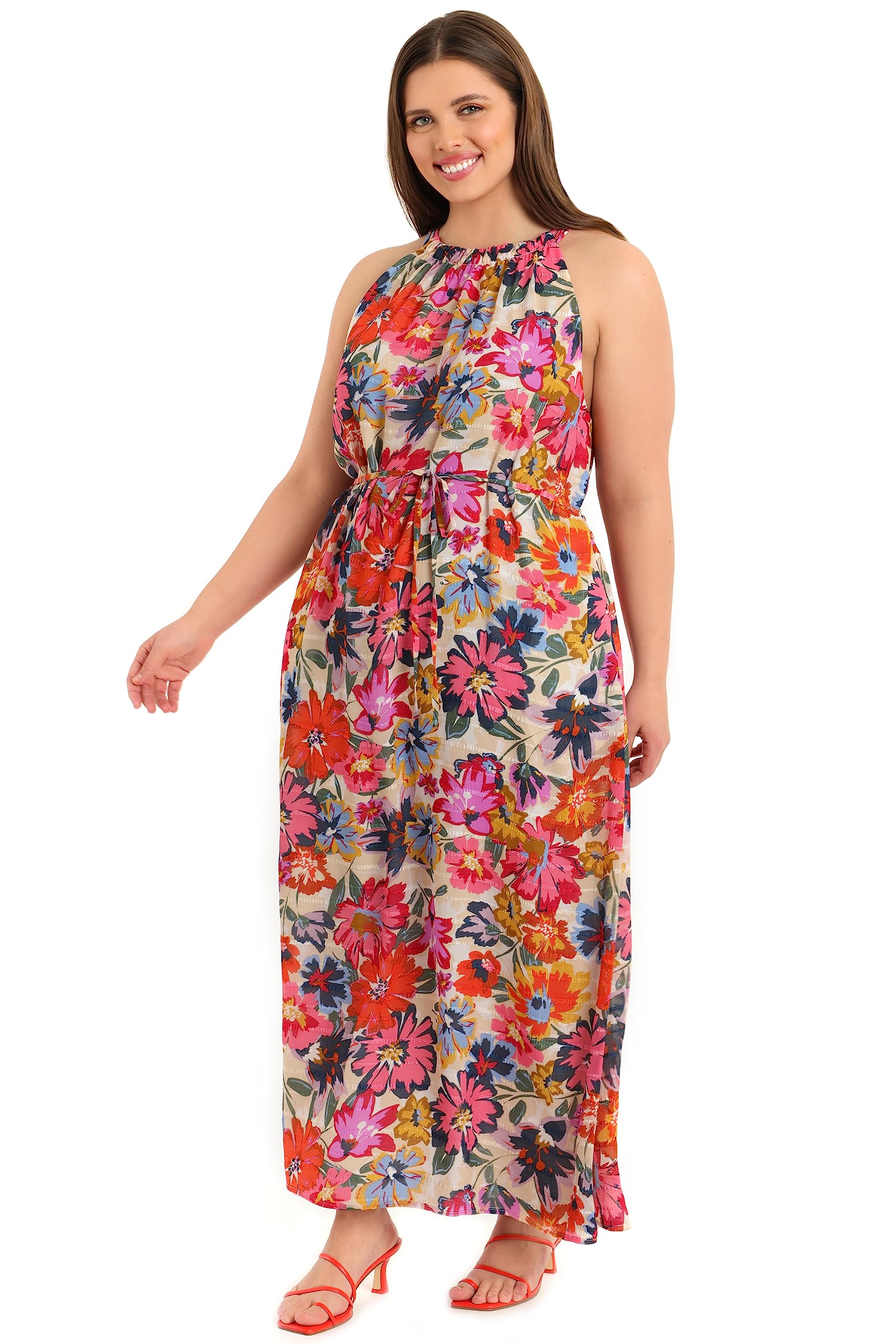 Maggy London Floral Halter Maxi Dress with Waist Tie for Summer Beach