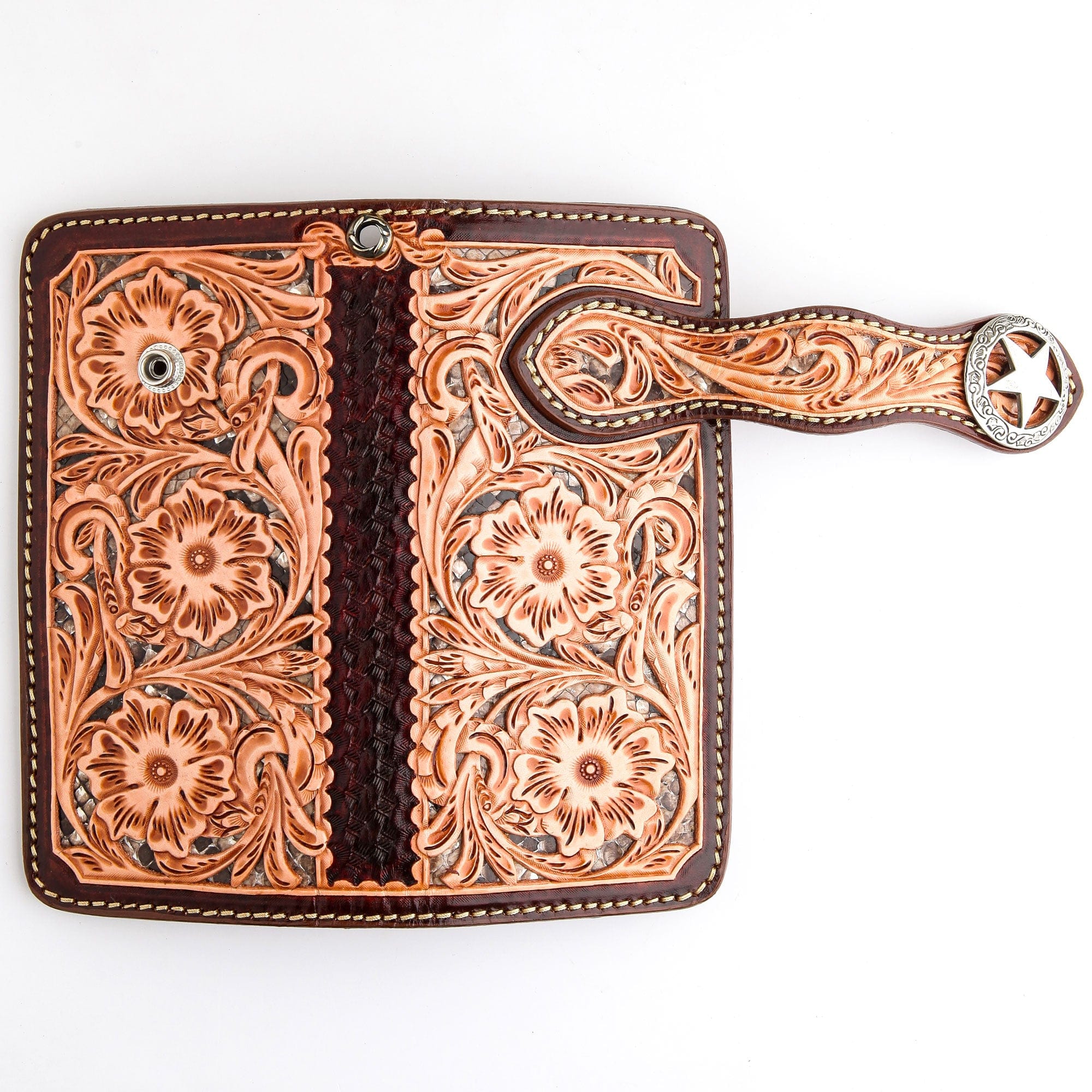 Genuine Leather Western Cowboy Biker Wallet with Brown Floral Star Design - Perfect for Riders, Bikers, and Western Fashion Enthusiasts