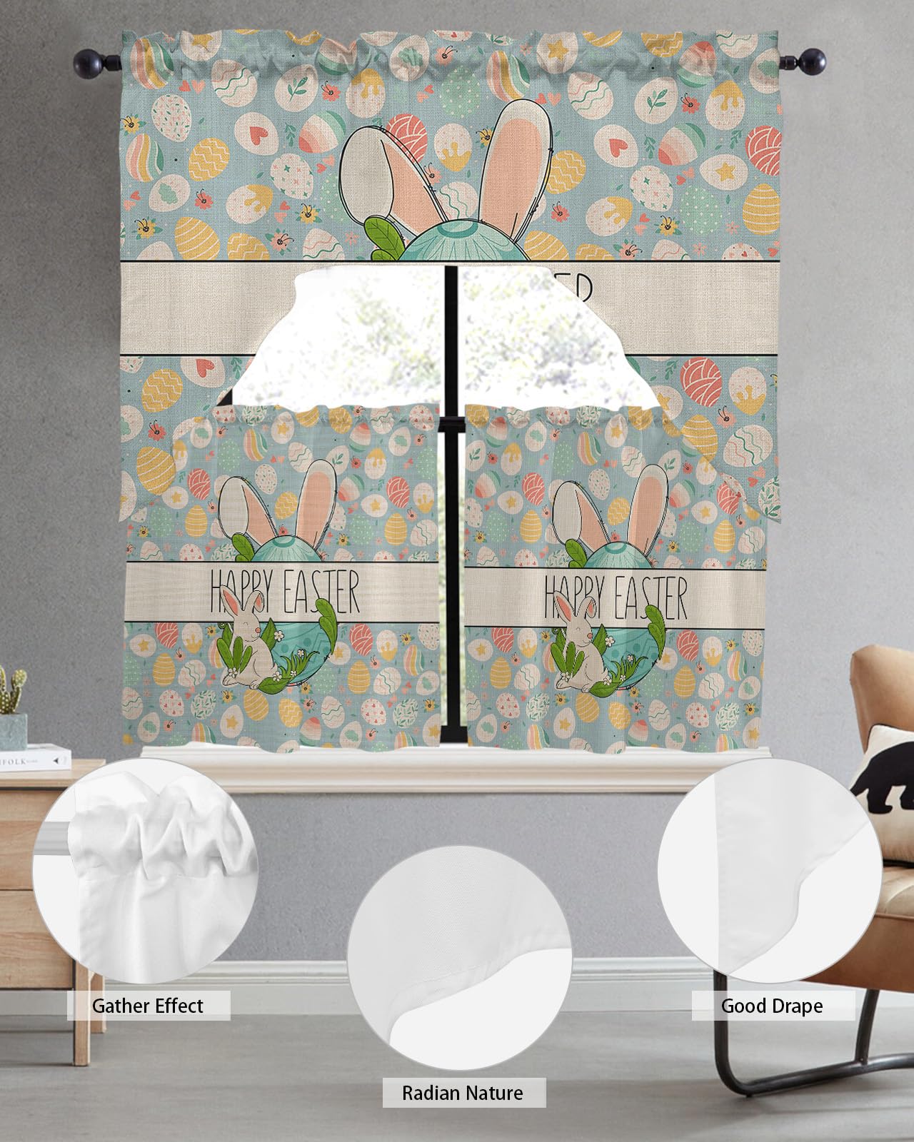 Shabby Chic Egg Swag Kitchen Curtain Set with Valance - 3 Piece Rod Pocket Window Drapes for Bedroom, Living Room & Bathroom - Easter Bunny Spring Floral Design (56