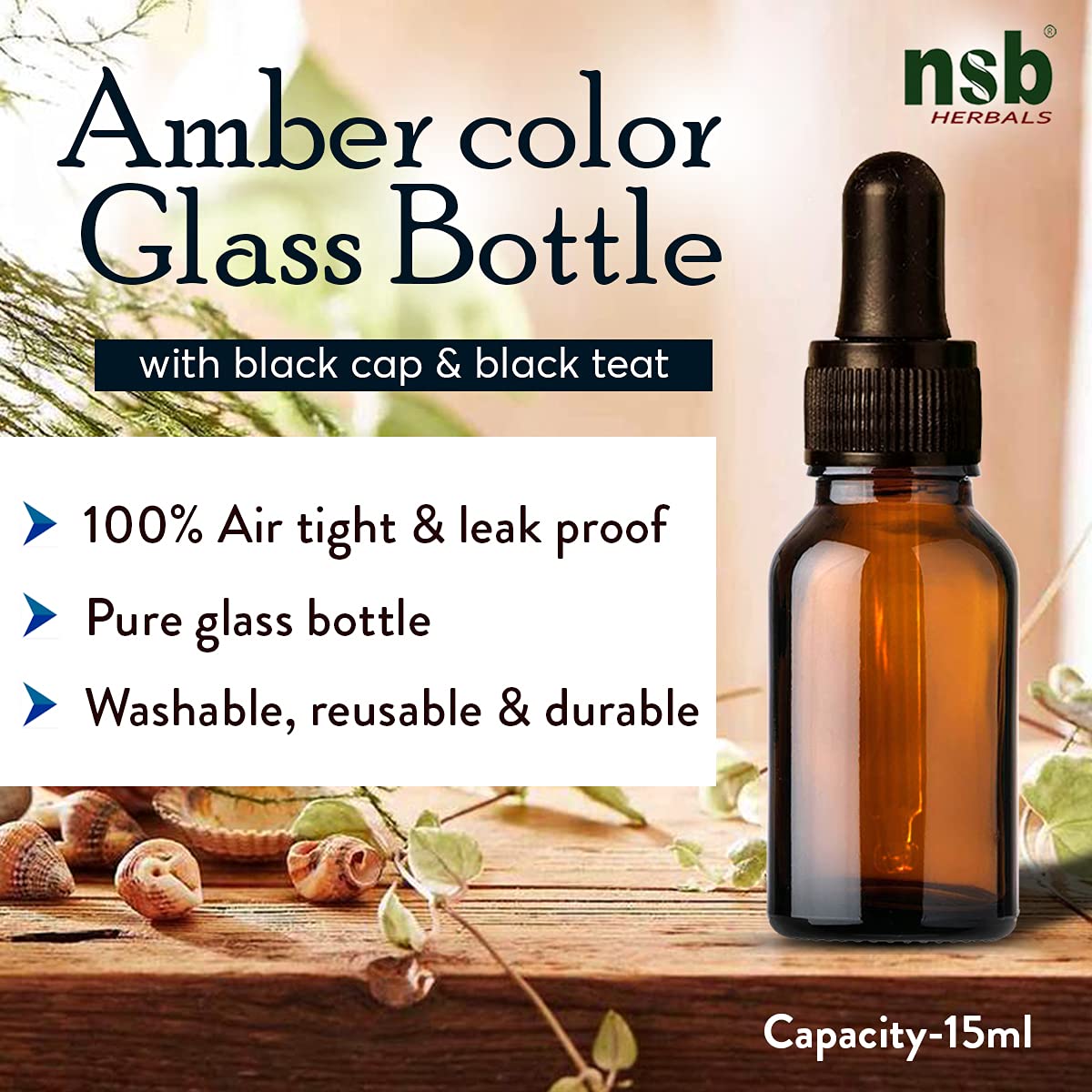 NSB Herbals 15ml Amber Round Empty Glass Bottle with Glass Dropper, Black Ring & Silicone Teat - Leak Proof, Refillable & Reusable Essential Oil Bottles for Aromatherapy, Perfume DIY, Travel (Pack of 6)