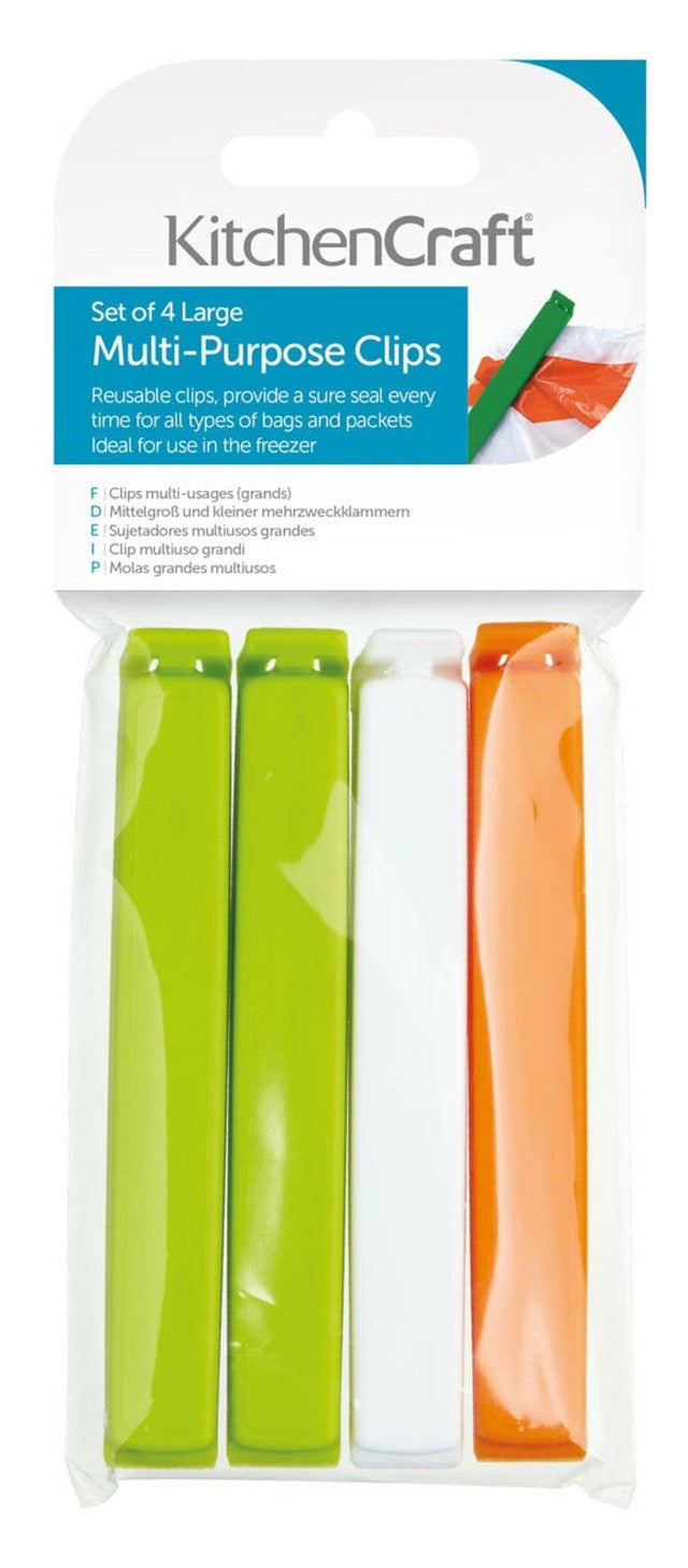 KitchenCraft Set of 4 Large Bag Clips - Heavy Duty Food Storage Clips for Chips, Cereal, Snacks - Perfect for Kitchen Pantry Organization & Airtight Sealing