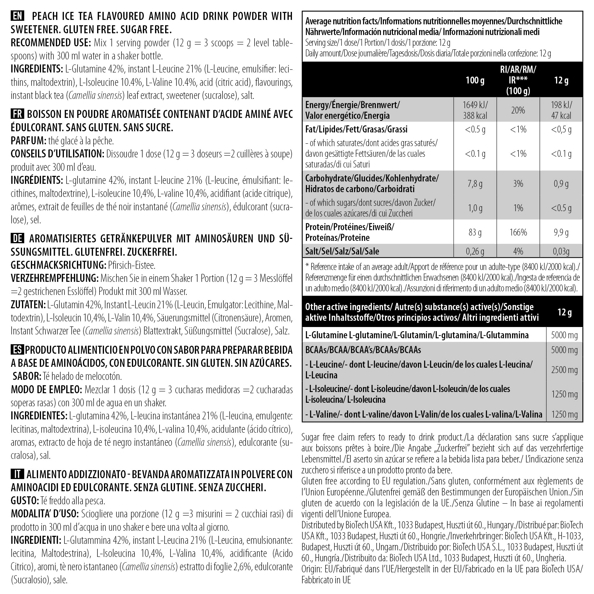 BioTechUSA BCAA + Glutamine Zero Powder - Peach Iced Tea Flavor 480g | Muscle Recovery & Endurance Supplement for Athletes & Fitness Enthusiasts | Pre/Post Workout Drink Mix