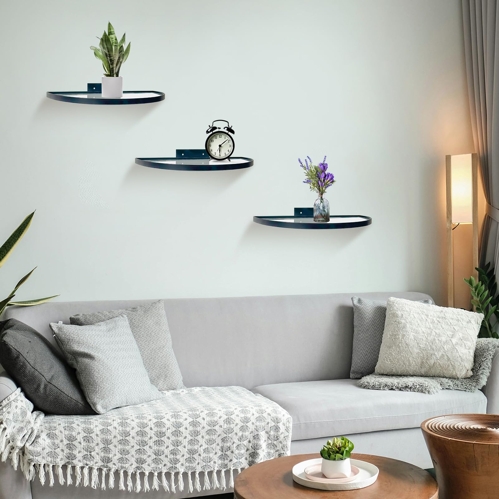 Cityelf Floating Shelves Set of 3 - Modern Wall Mounted Shelves with Iron Frame & Tempered Glass for Home Decor - Perfect for Living Room, Bedroom & Office Display (Black)