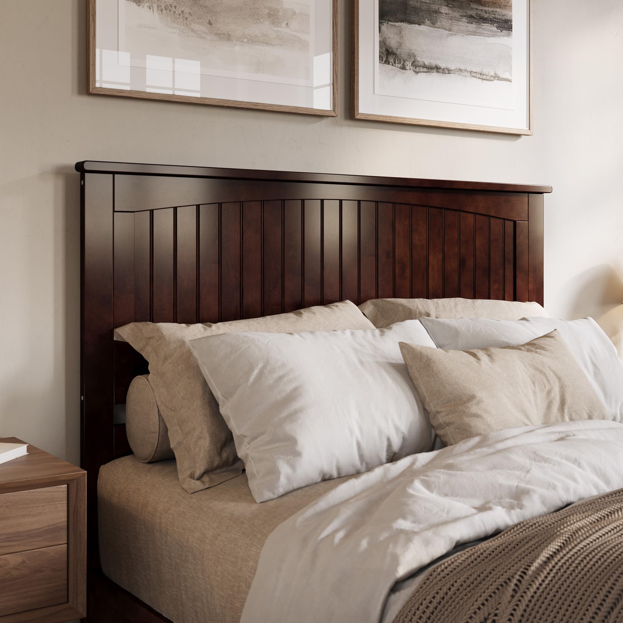 AFI Nantucket Queen Solid Wood Panel Headboard with USB Charging Ports - Walnut Finish - Modern Bedroom Furniture for Master Bed or Guest Room