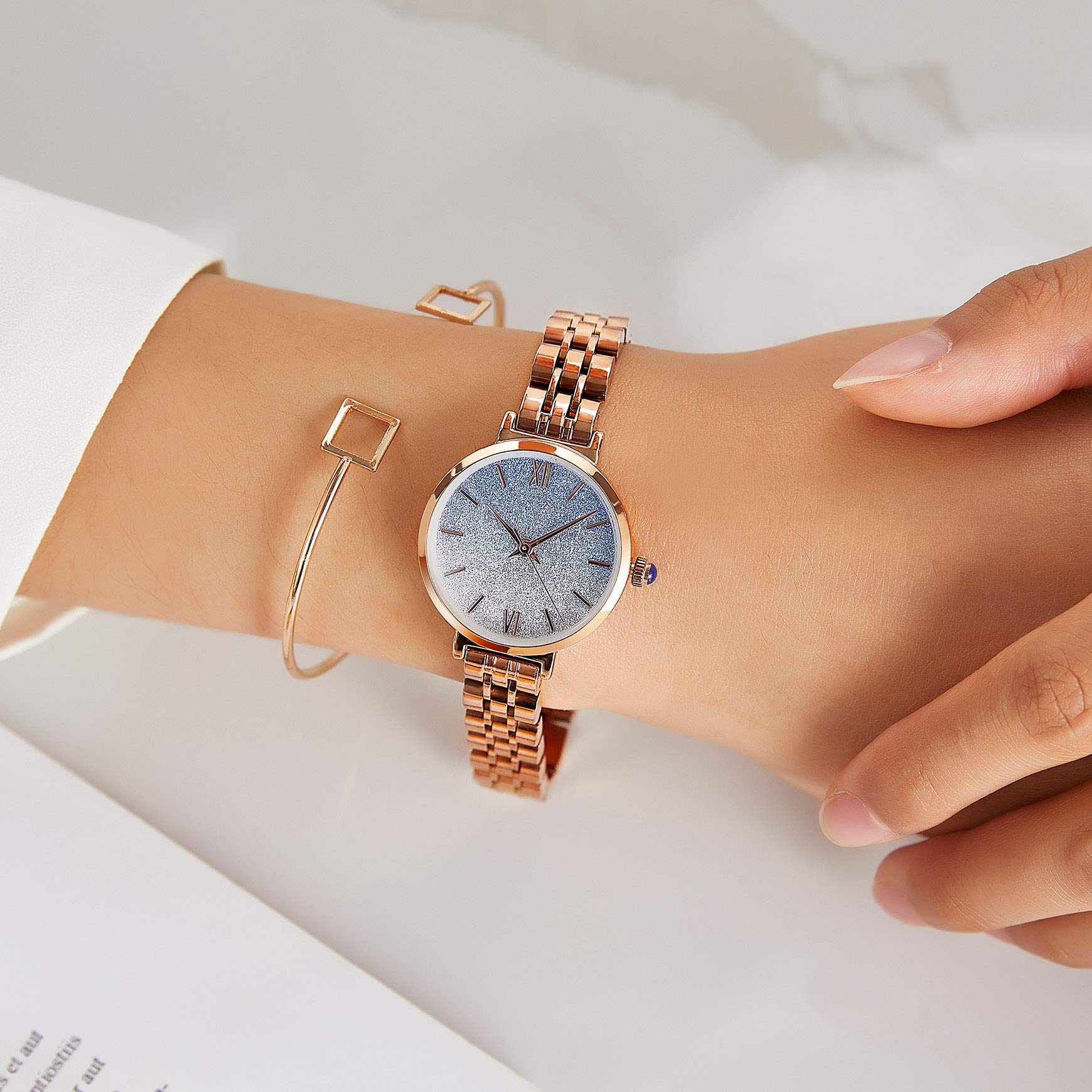 Japanese Quartz Women's Watch - 18k Gold Ion-Plated Stainless Steel Case, Waterproof Blue Dial - Elegant Fashion Wristwatch for Women | Perfect for Office, Party & Everyday Wear