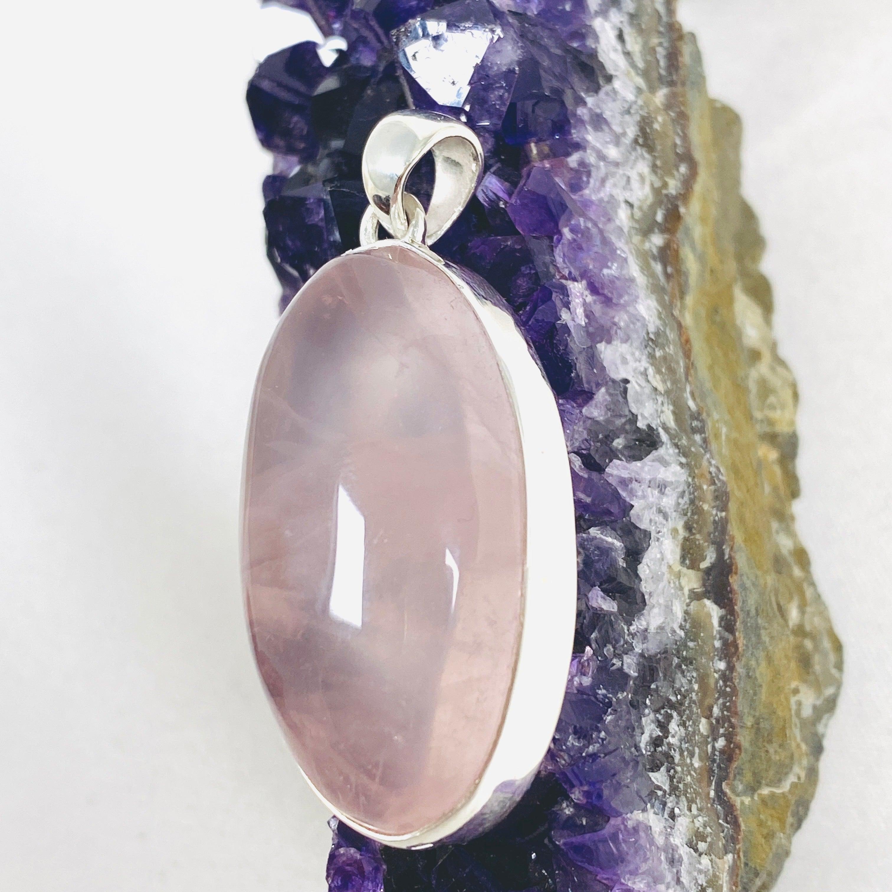 Natural Rose Quartz Oval Pendant Necklace - Healing Crystal Jewelry for Women - Elegant 925 Sterling Silver Chain - Perfect for Meditation, Yoga & Spiritual Gifts