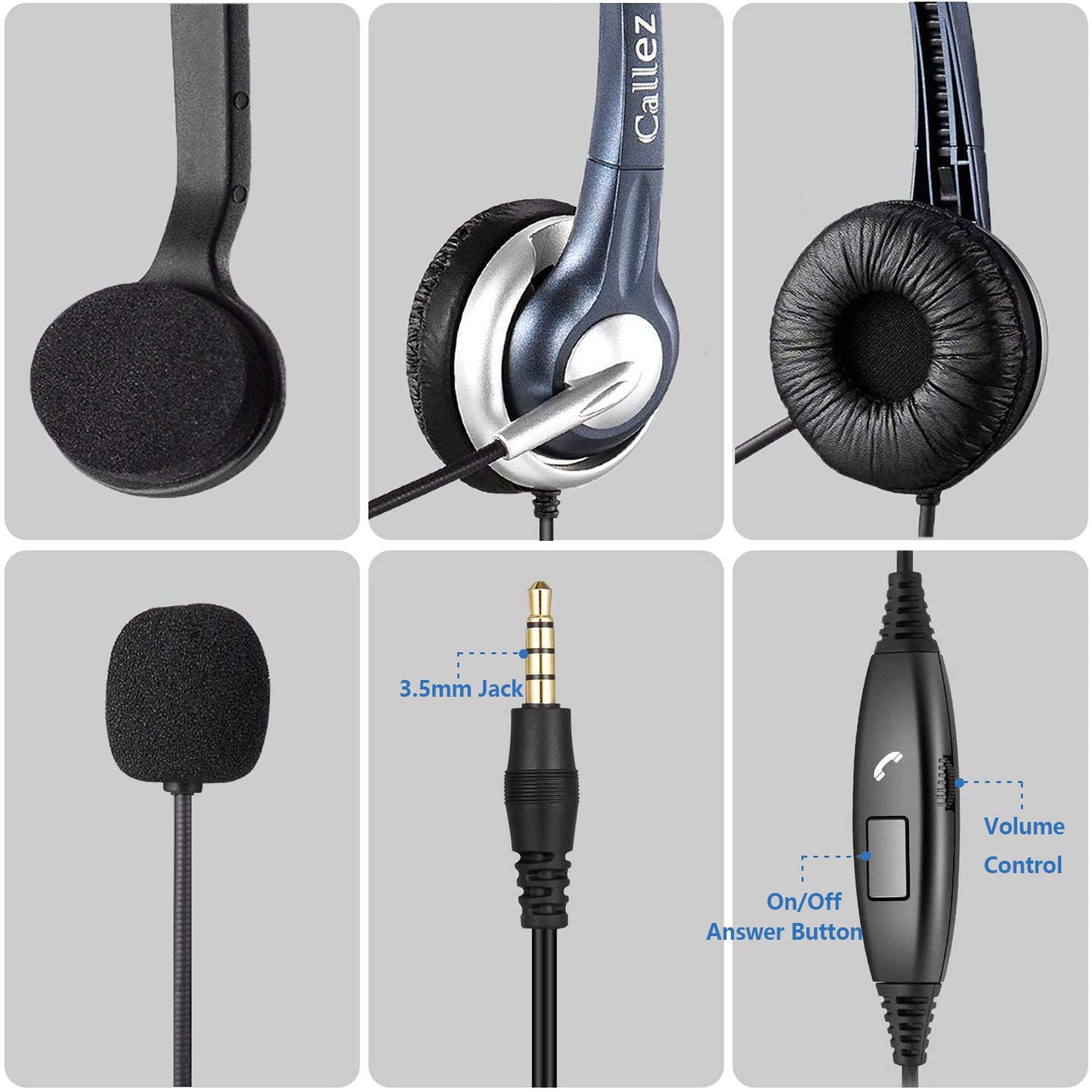 Noise Cancelling Computer Headset with Microphone - 3.5mm Wired Headphones for iPhone, Samsung, PC, Laptop, Tablet - Perfect for Skype Calls, Webinars, Online Classes, Call Center & Office Work