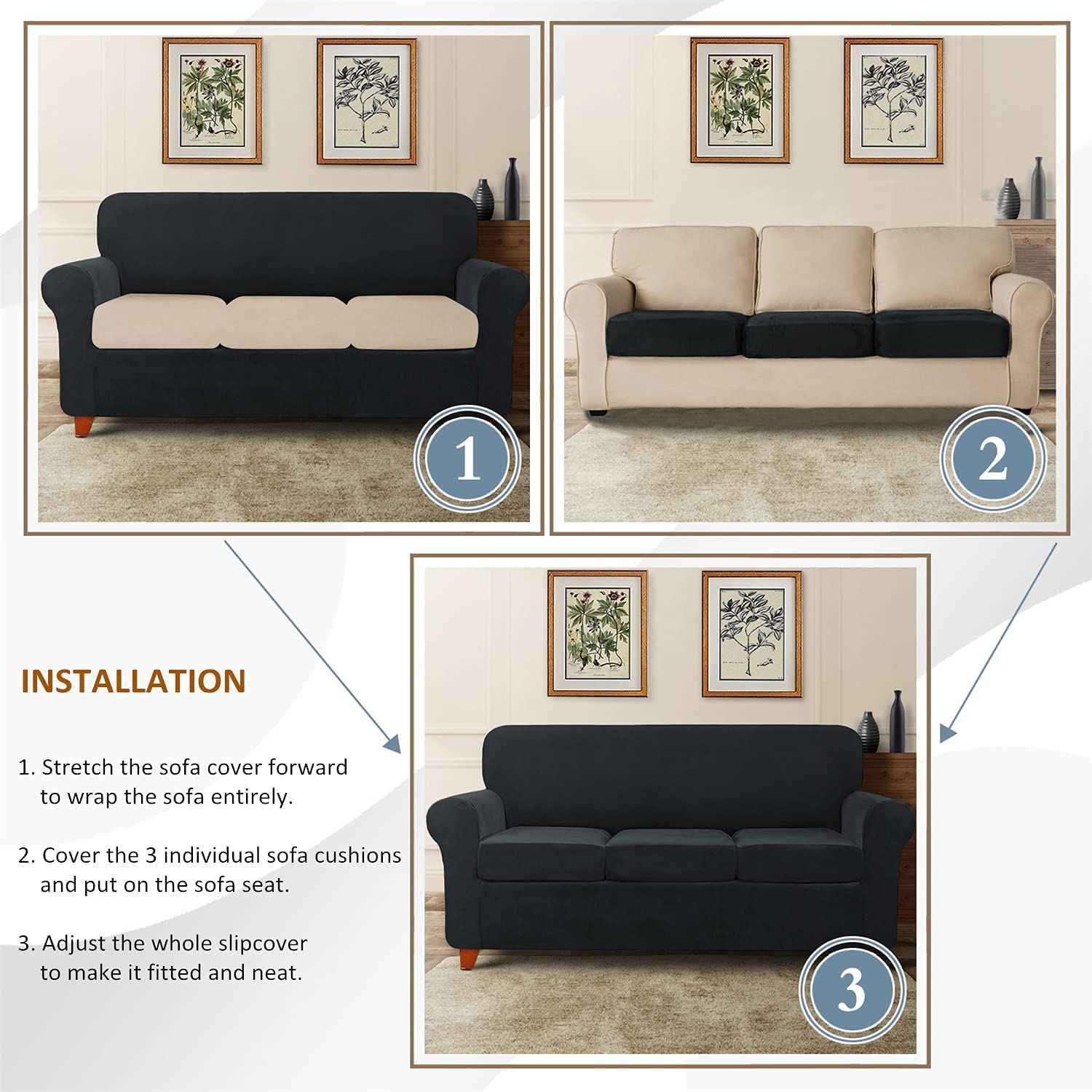 Velvet Stretch Sofa Slipcover with Separate Seat Cushion Covers - Super Soft Non-Slip Couch Cover Furniture Protector with Elastic Bands for 3-Seater Sofa (Black) | Perfect for Living Room, Home Decor & Furniture Protection