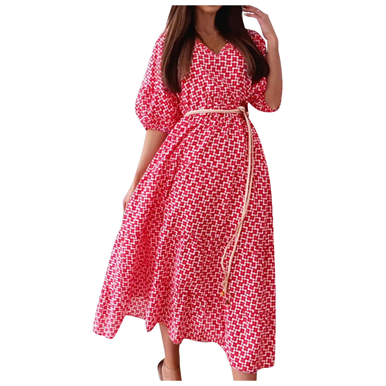Women's Summer Fashion V-Neck Loose Ruffle Dress with Lantern Sleeves - Trendy Long Maxi Dress for Beach, Vacation & Casual Wear