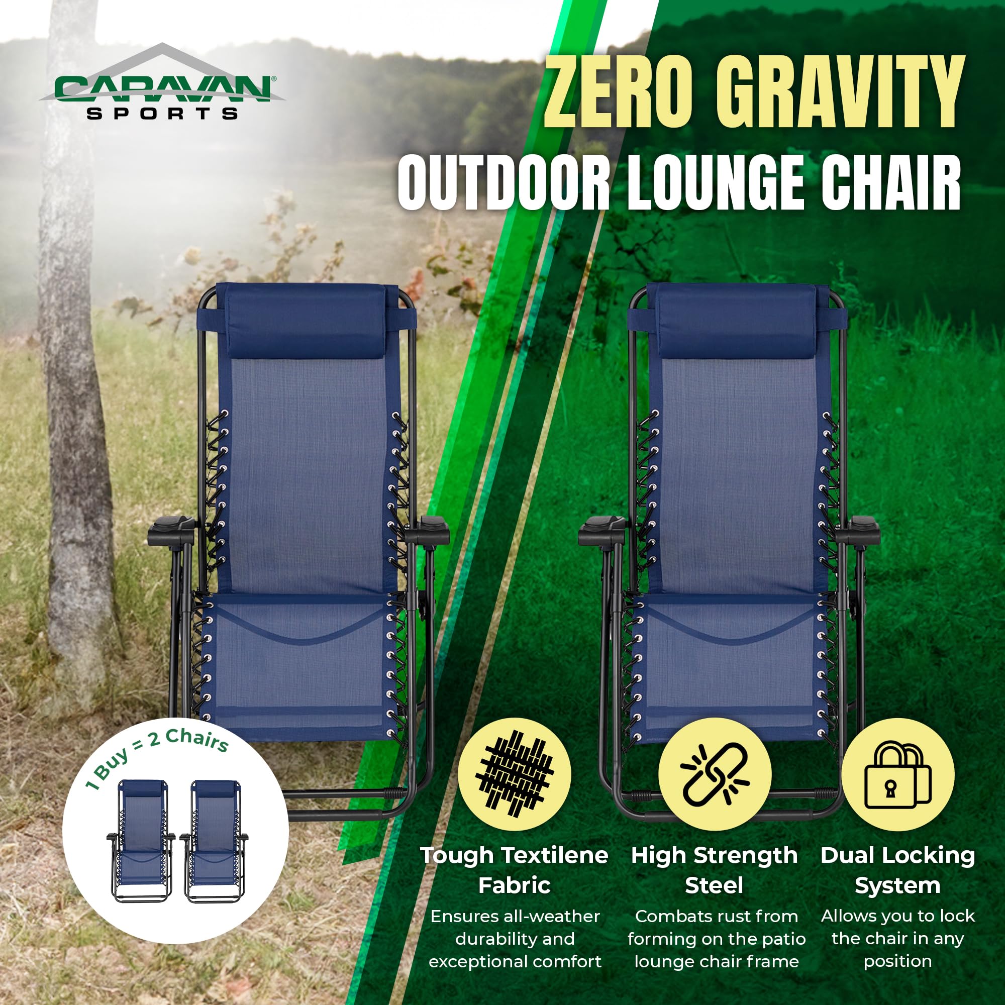 Zero Gravity Recliner Chair for Outdoor & Camping - Adjustable Headrest, Portable Folding Lawn Deck Patio Pool Lounge Chair for Adults (Blue, 2 Pack) - Perfect for Backyard Relaxation, Beach Trips & Poolside Lounging