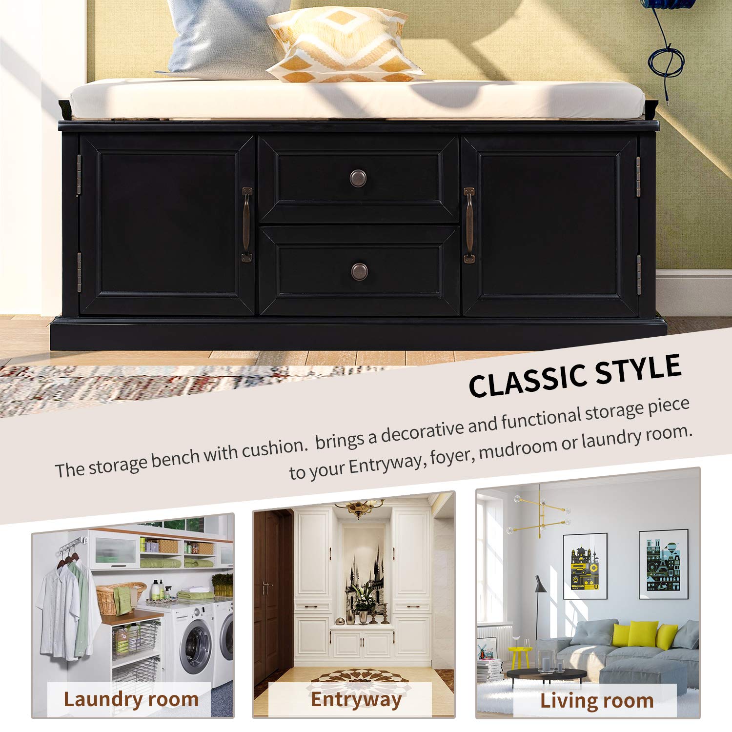 Solid Wood Entryway Bench with Storage - 2 Drawers & 2 Cabinets, Removable Cushion - No Assembly Required - Perfect for Hallway, Living Room, Bedroom - Black (Set of 2) - Ideal for Small Space Organization & Entryway Seating