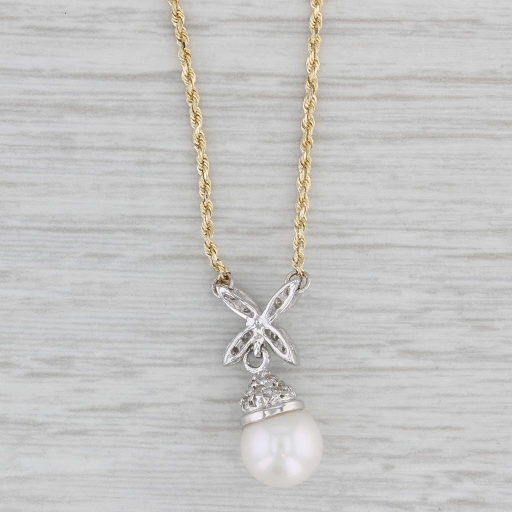 0.15ctw Diamond & Cultured Pearl Pendant Necklace - 14K Gold 16.25