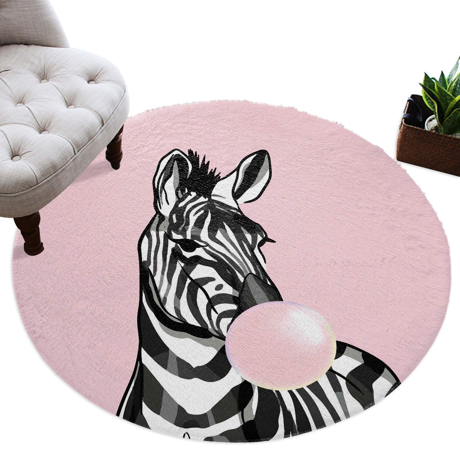 Soft Pink Cartoon Zebra Shag Area Rug - Non-Slip Fluffy Round Plush Carpet for Bedroom, Living Room & Kids Room (3.3 ft) - Perfect for Nursery Decor, Playroom Flooring & Cozy Home Accents