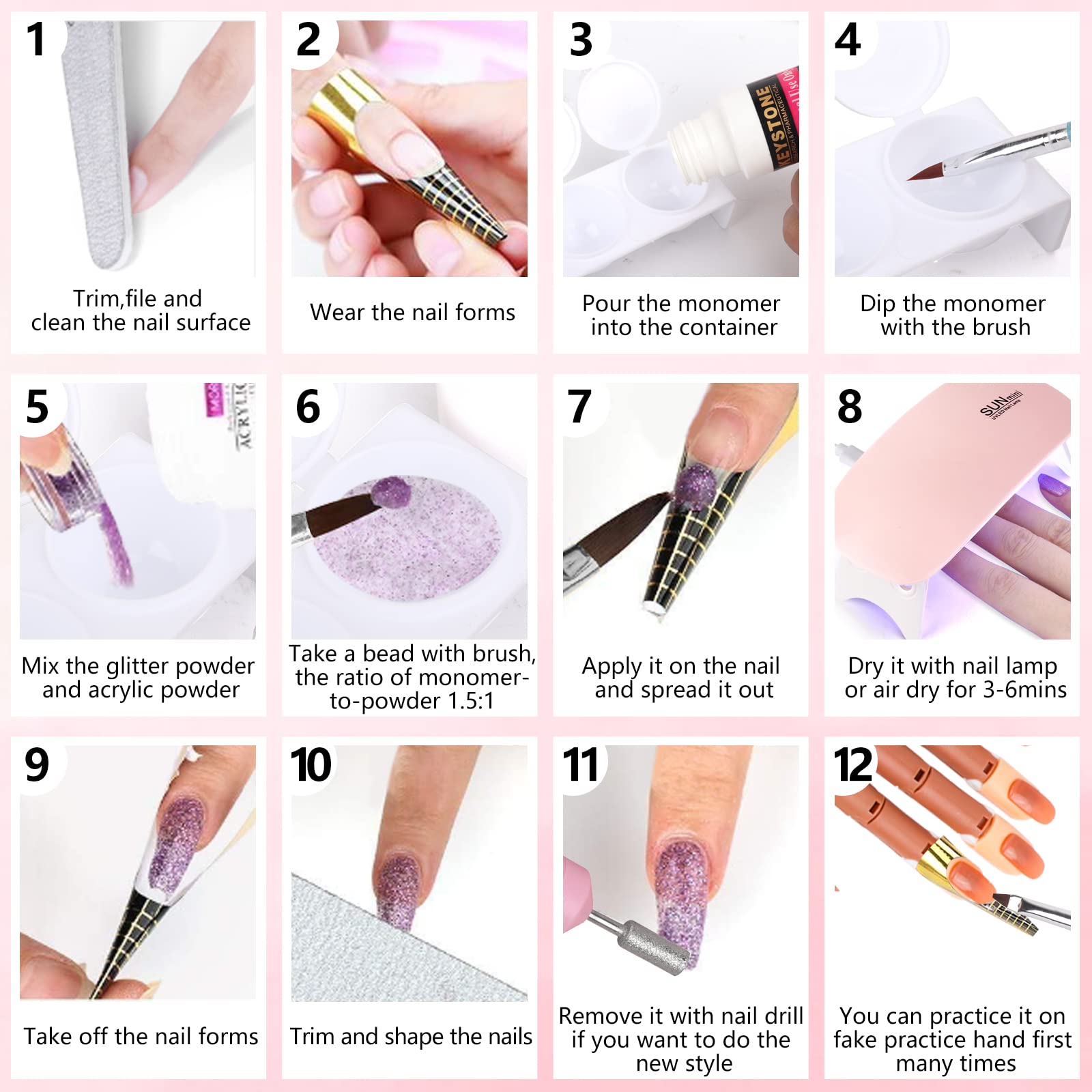Professional Acrylic Nail Practice Hand - Flexible Fake Nail Training Kit with Movable Fingers, Nail Drill & Dryer Lamp - 12 Color Acrylic Powder Set for Beginners - Perfect for Salon Training & Home Nail Art Practice