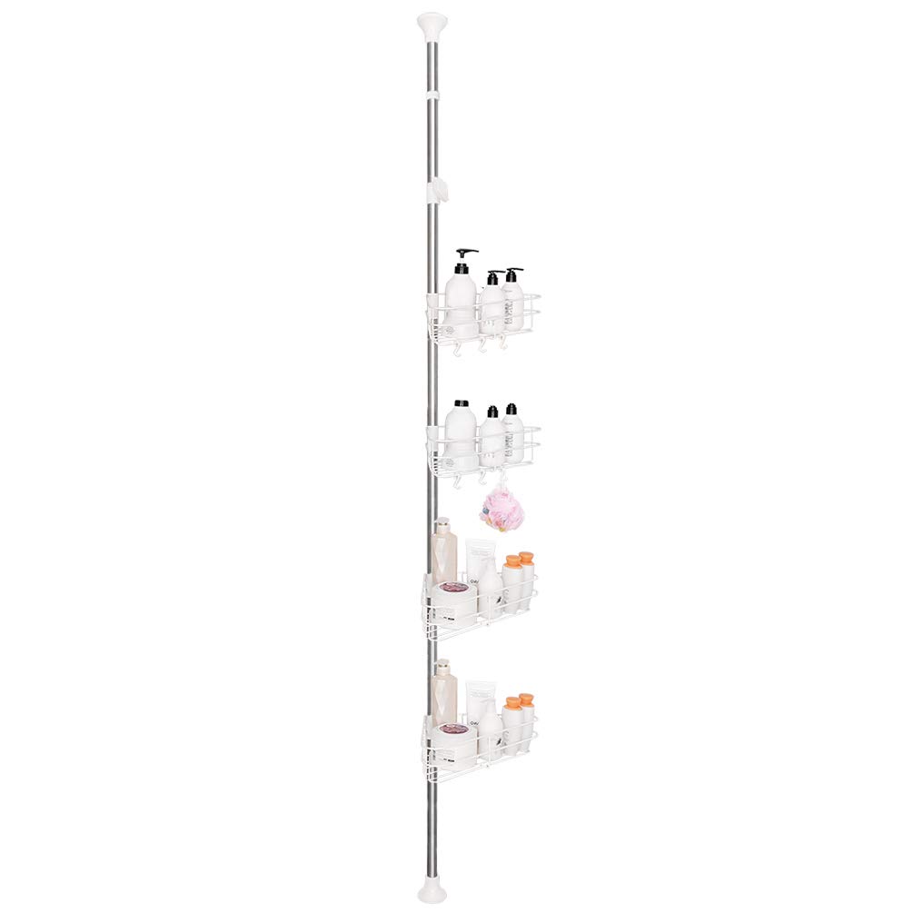 BAOYOUNI 4-Tier Adjustable Shower Caddy Tension Pole Corner Shelf - Bathroom Organizer for Shampoo, Soap & Toiletries - No Drilling Space-Saving Floor to Ceiling Storage Rack - Perfect for Small Bathrooms & Bathtub Organization (White)