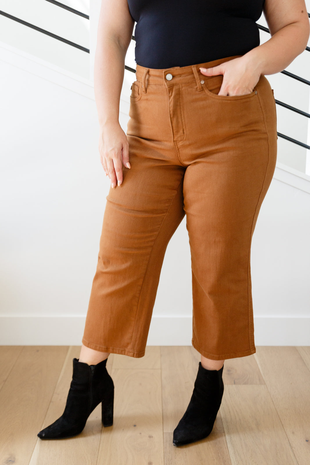Briar High Rise Control Top Wide Leg Crop Jeans in Camel - Comfortable Stretch Denim Pants for Women, Casual & Office Wear