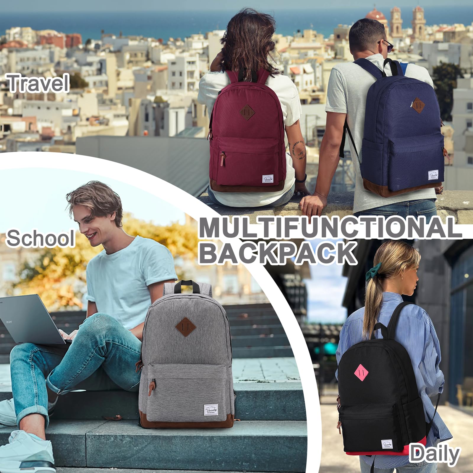 VASCHY Waterproof Lightweight Travel Backpack for Men & Women - Durable Casual Daypack for School, Work, Hiking & Outdoor Adventures