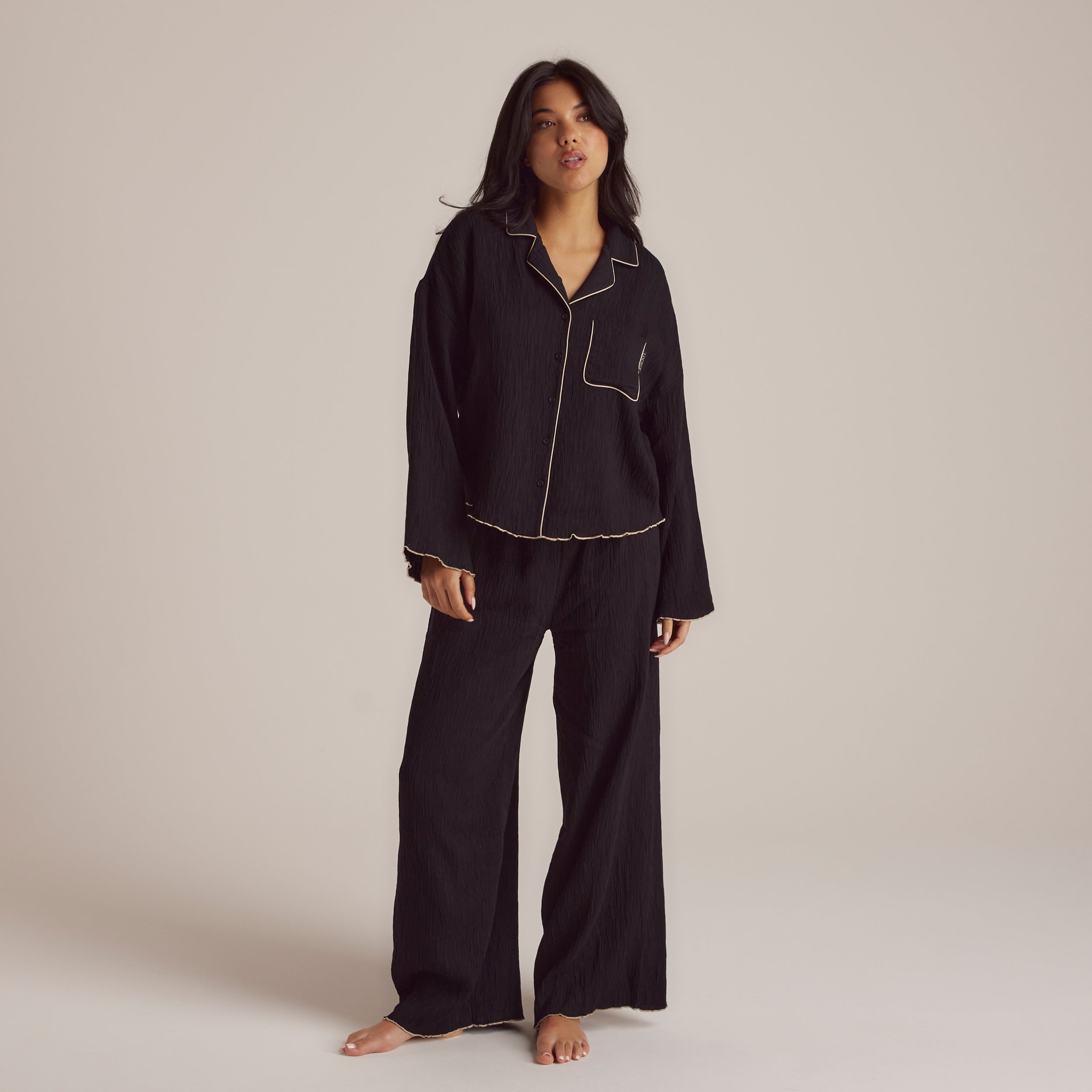 Crinkle Pajama Shirt for Women - Soft & Comfortable Black Sleepwear - Perfect for Lounge, Sleep & Relaxation at Home