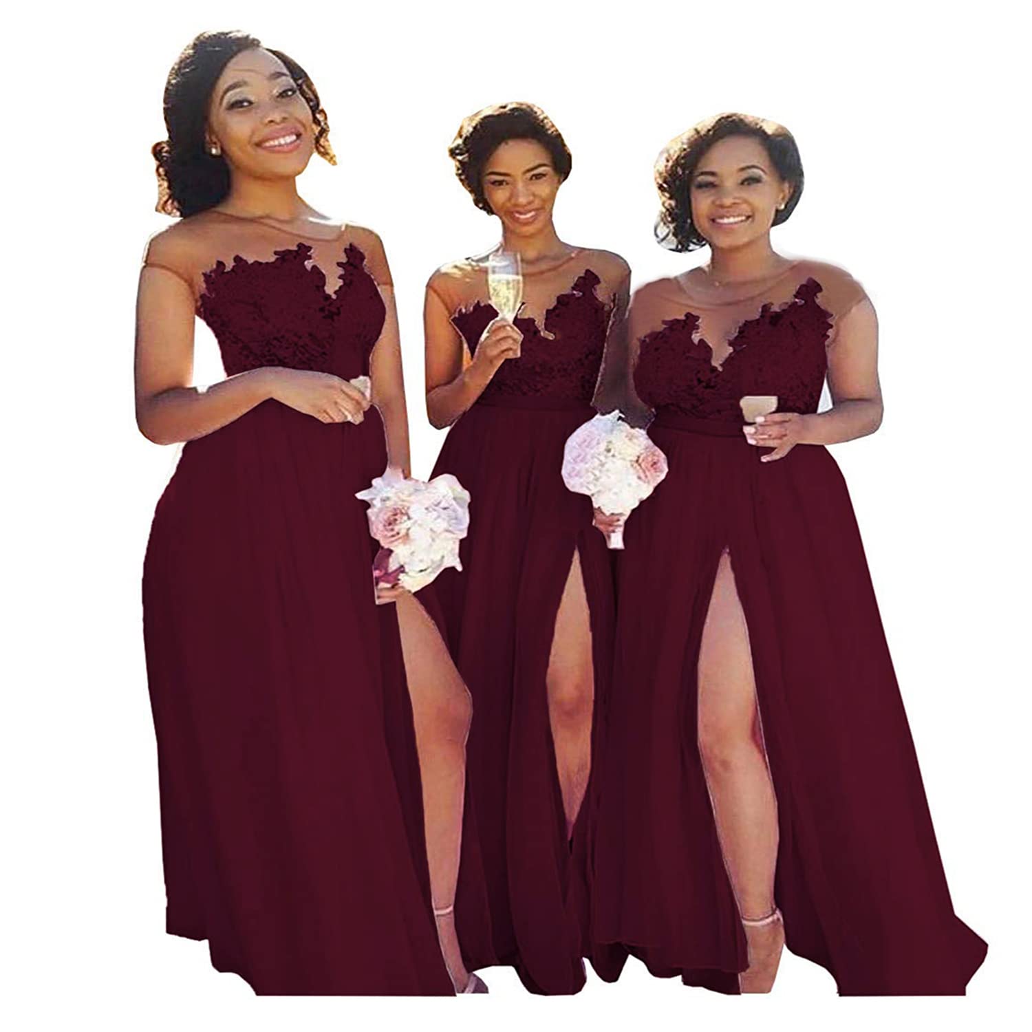 Elegant Jieprom Women's Sheer Neck A-Line Chiffon Bridesmaid Dress with Lace Split - Perfect for Prom, Wedding Party & Formal Events