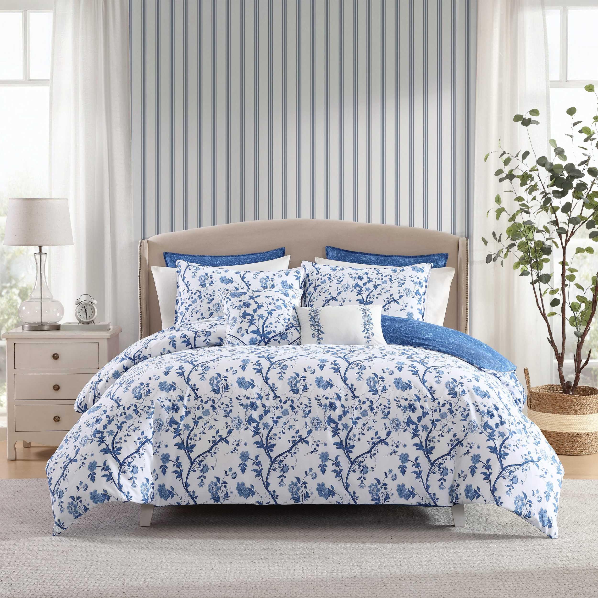Laura Ashley Queen Comforter Set - Reversible 100% Cotton Bedding with Matching Shams, Euro Shams & Throw Pillows | Elise Blue Floral Design | Perfect for Master Bedroom, Guest Room & Luxury Hotel Decor
