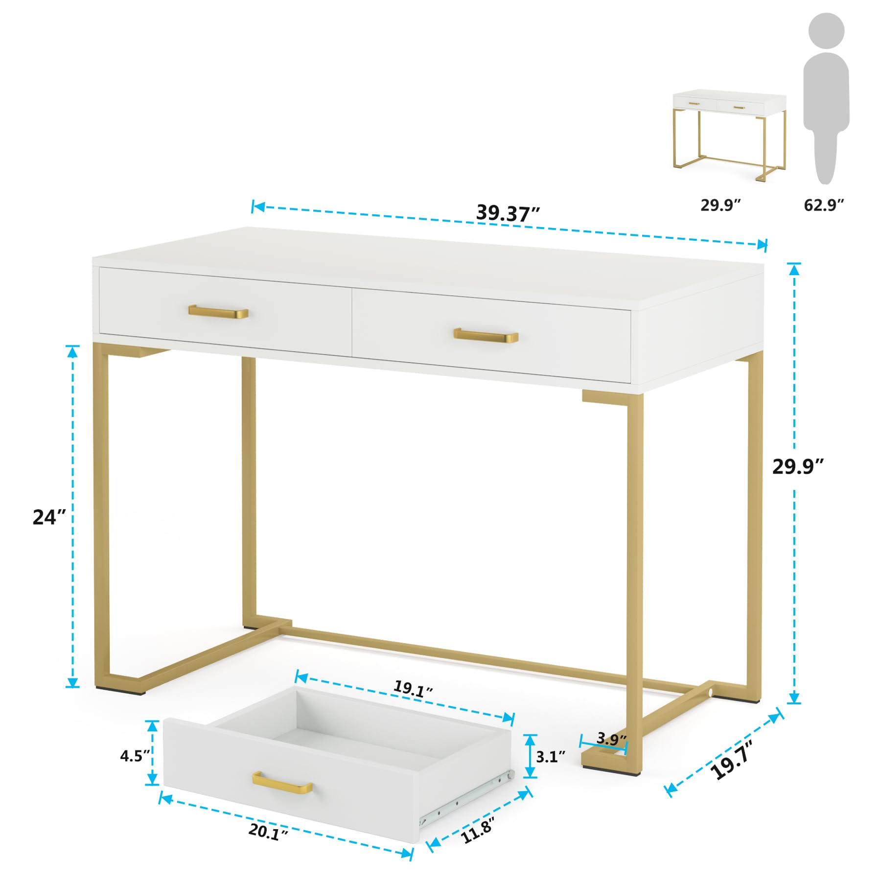 Tribesigns Modern White and Gold Computer Desk with 2 Drawers - Wood Top & Metal Frame, Home Office Writing Desk for Small Spaces, Bedroom or Study - Perfect for Remote Work, Online Classes & Gaming Setup