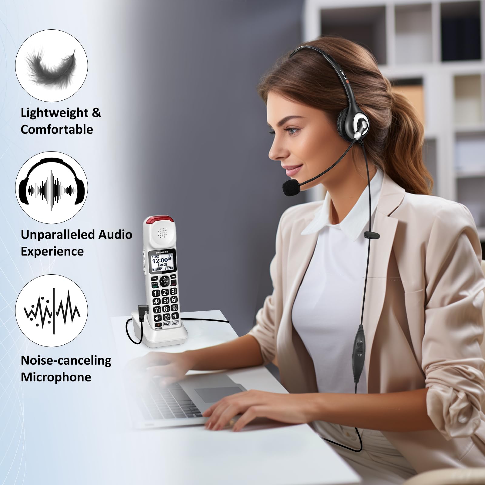 Noise Cancelling 2.5mm Phone Headset with Microphone & Volume Control - Compatible with Panasonic, AT&T, Gigaset, Cisco, Grandstream, Polycom Office Cordless Phones - Perfect for Call Centers, Remote Work & Business Communications