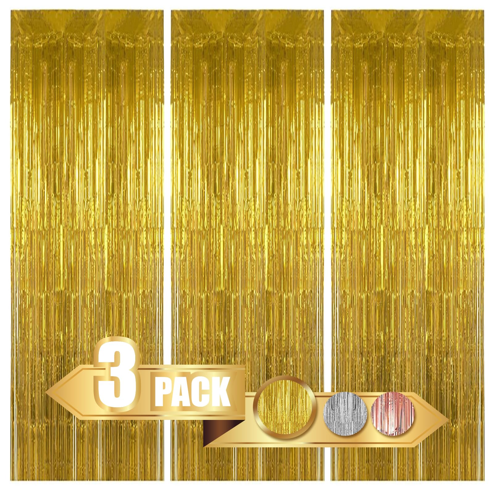 3 Pack 3.2ft x 8.2ft Gold Metallic Foil Fringe Curtains - Tinsel Streamers for Bachelorette Party, Birthday, Graduation & Baby Shower Decorations | Elegant Backdrop for Photo Booths, Stage Decor & Event Wall Coverings