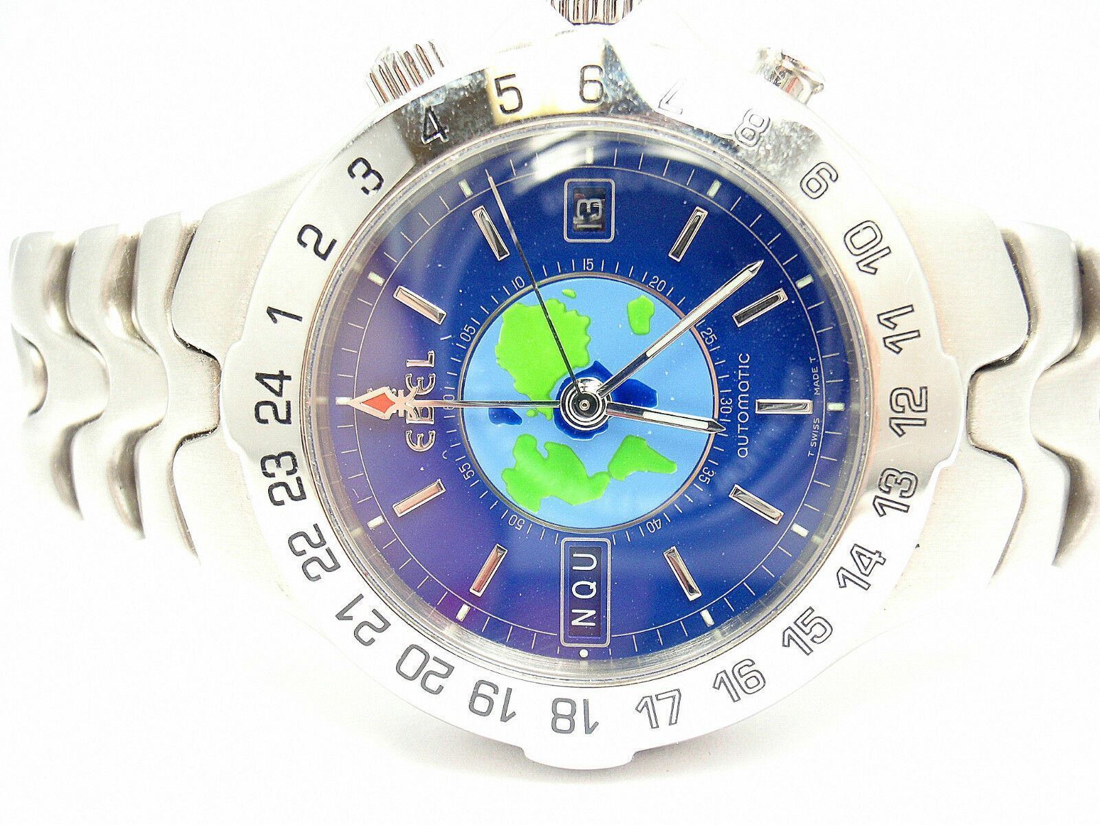 Authentic Ebel Stainless Steel Blue Dial Sportwave World Time Watch for Men - Luxury Waterproof Chronograph Wristwatch - Perfect for Business, Travel & Outdoor Adventures