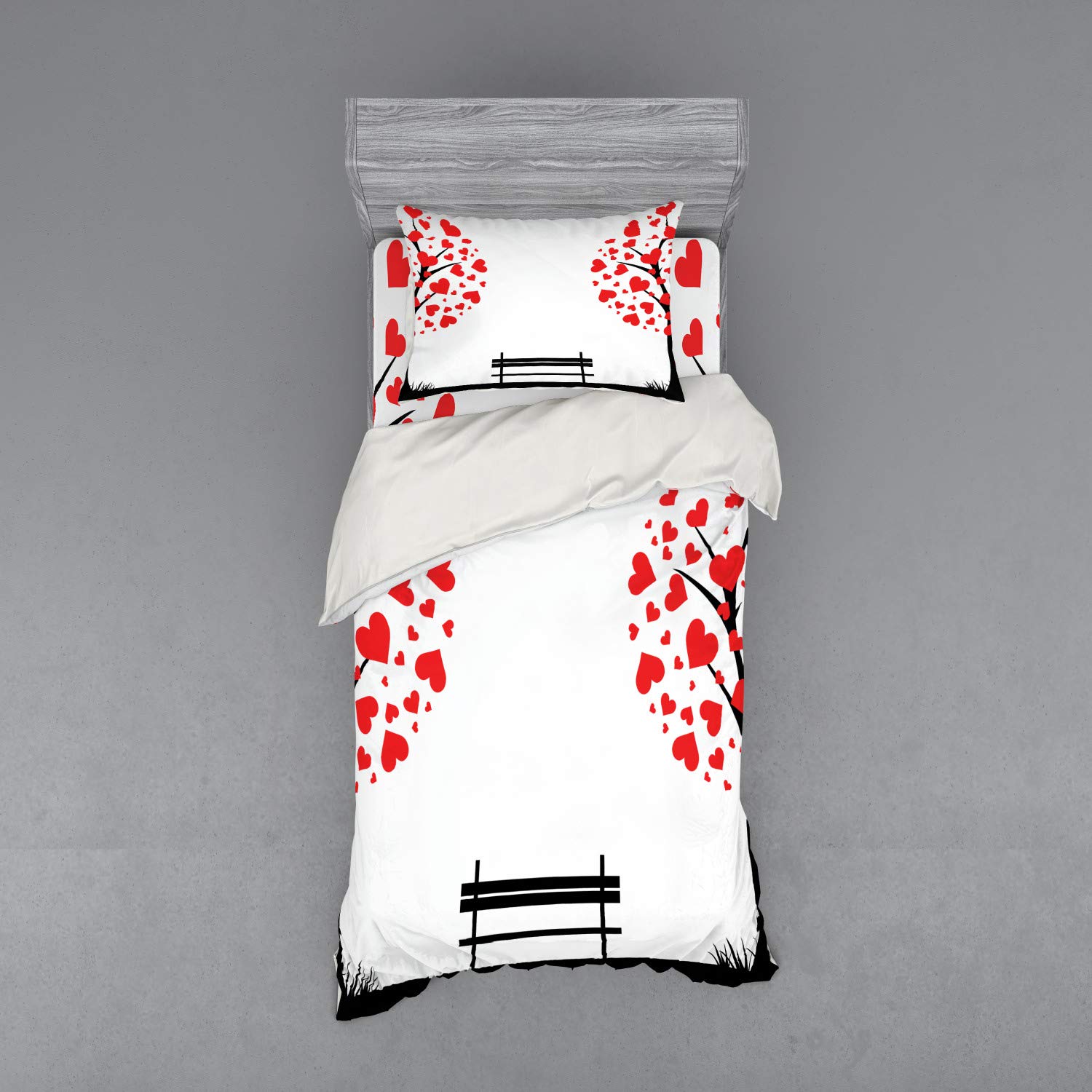 Ambesonne Tree of Life Duvet Cover Set - Romantic Nature Design with Heart-Shaped Leaves & Bench, 3-Piece Bedding Set (Twin Size, Black Red White) for Cozy Bedroom Decor & Gift Ideas