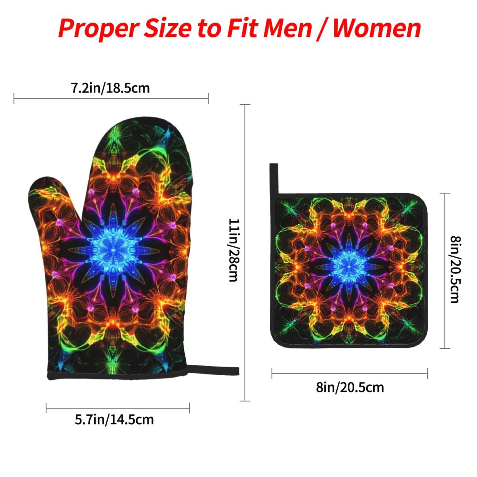 Vintage Neon Mandala Oven Mitts and Pot Holders Set of 4 - Heat Resistant Non-Slip Kitchen Gloves for Baking, Grilling, BBQ & Cooking | Perfect for Home Chefs & Holiday Gifts