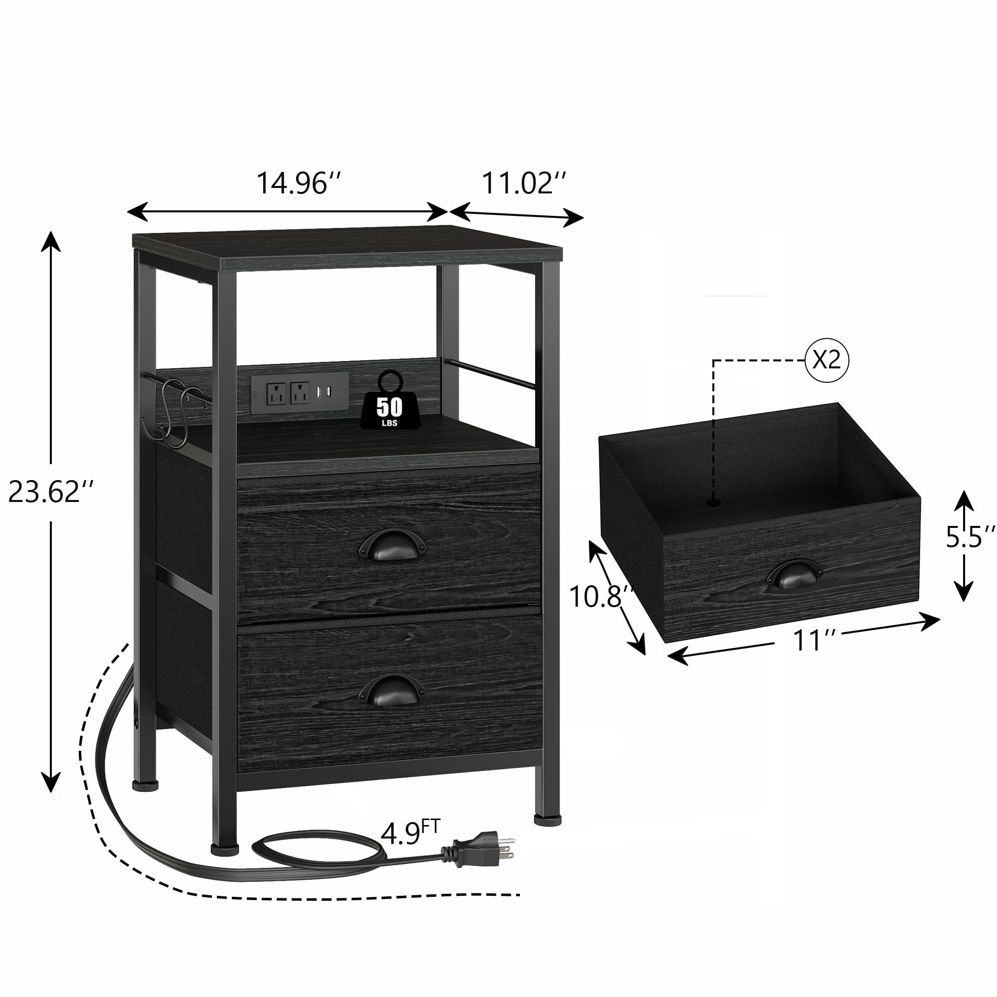 2-Piece Furologee Nightstand Set with Charging Station - Black Oak Side Tables with USB Ports, 2 Fabric Drawers & Storage Shelf - Perfect for Bedroom & Living Room Organization - Ideal for Charging Devices, Storing Books & Bedside Essentials