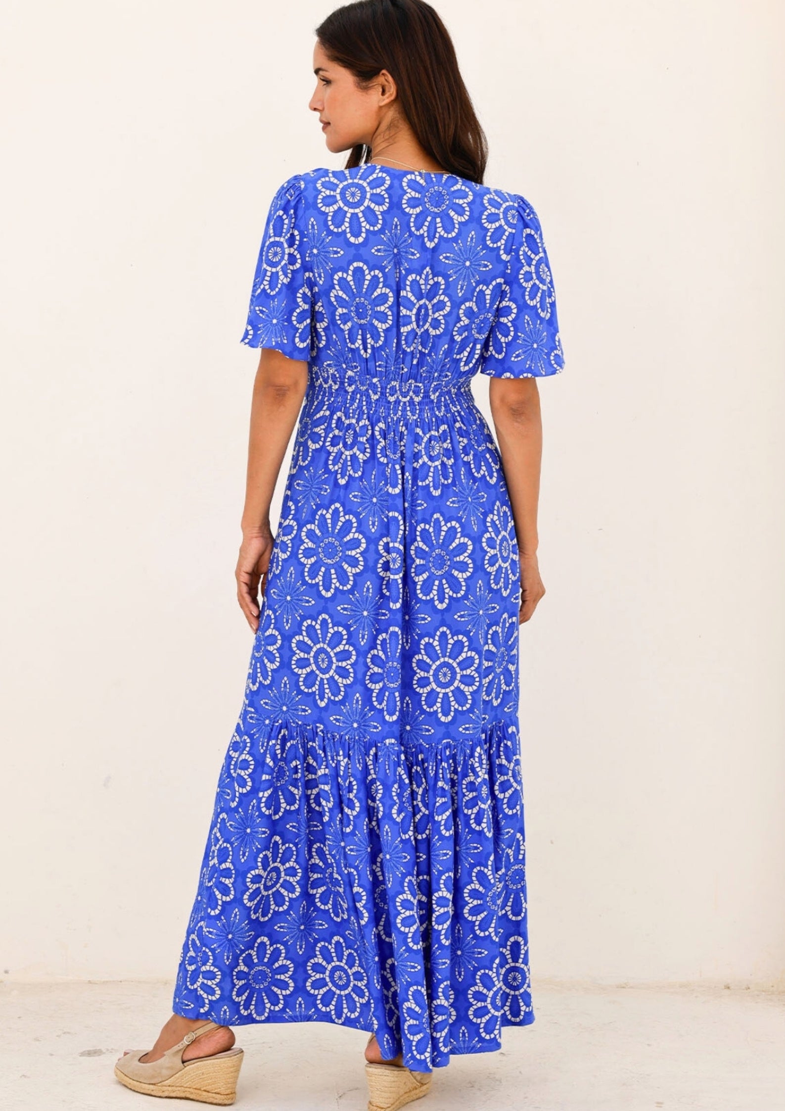 Sylvie EcoVero™ Floral Lace Dress in Cobalt Blue & White | Sustainable Viscose Women's Fashion | Perfect for Weddings & Summer Parties