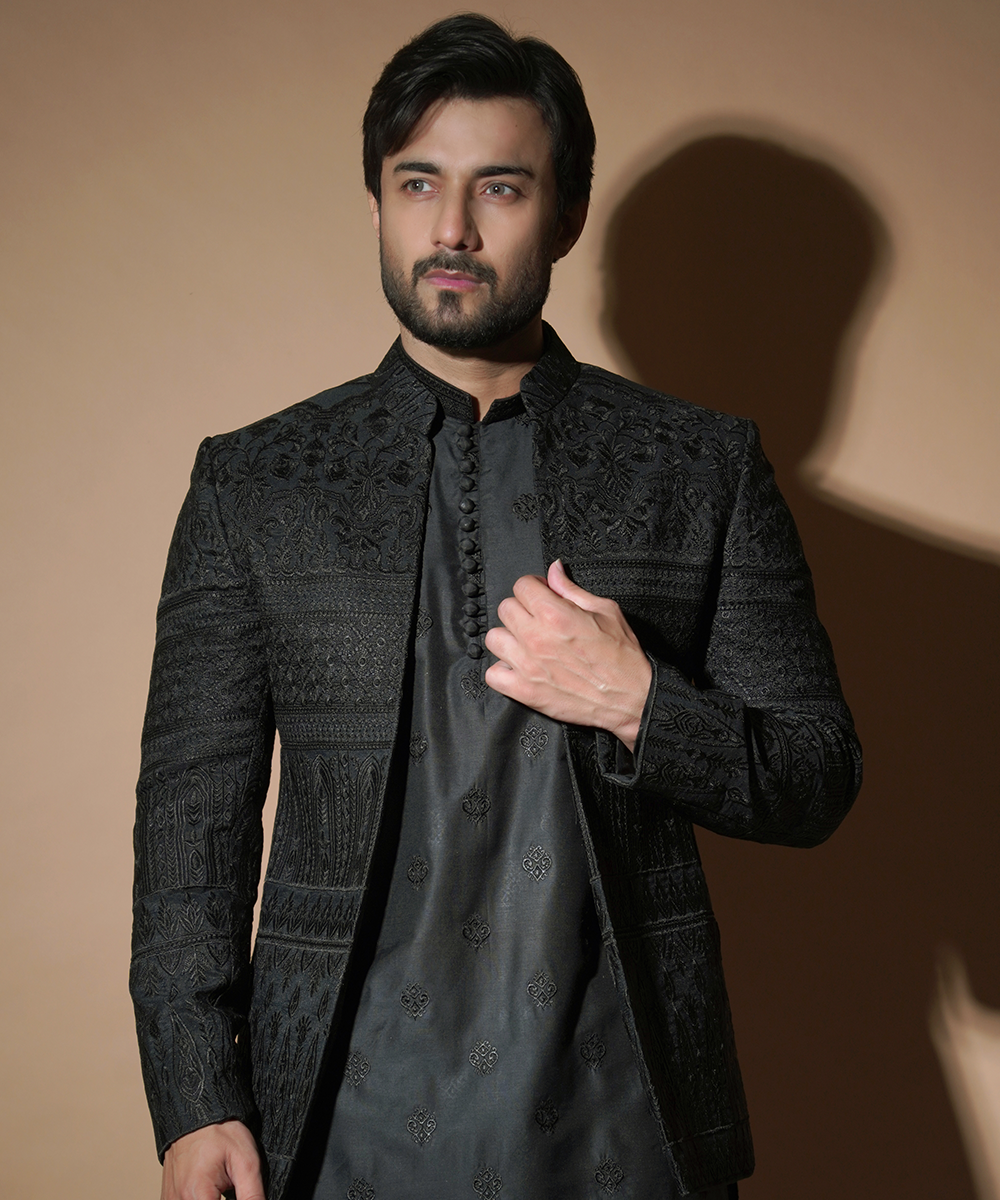 Black Raw Silk Prince Coat Set for Men - Elegant Formal Wear for Weddings, Parties & Special Occasions