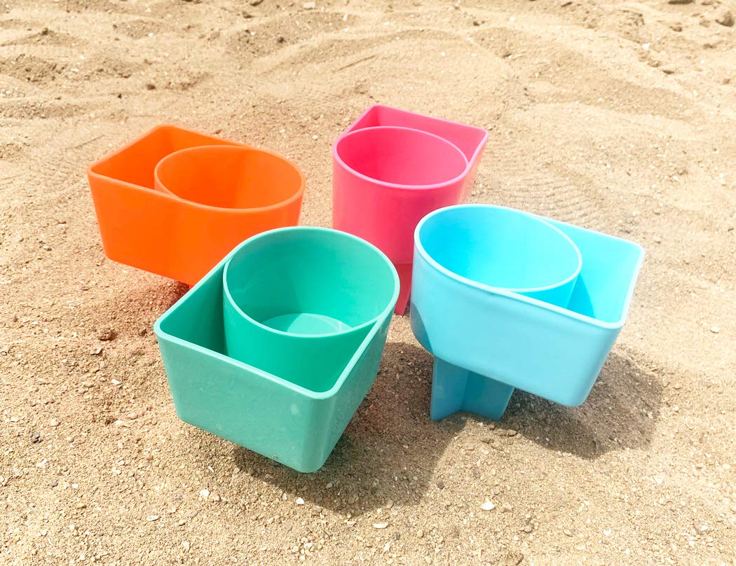 Home Queen Premium Beach Cup Holder with Storage Pocket - Multifunctional Sand Drink Holder for Beverages, Sunglasses, Phone & Keys - Durable Beach Accessories Set of 8 - Perfect for Poolside, Picnics & Outdoor Adventures