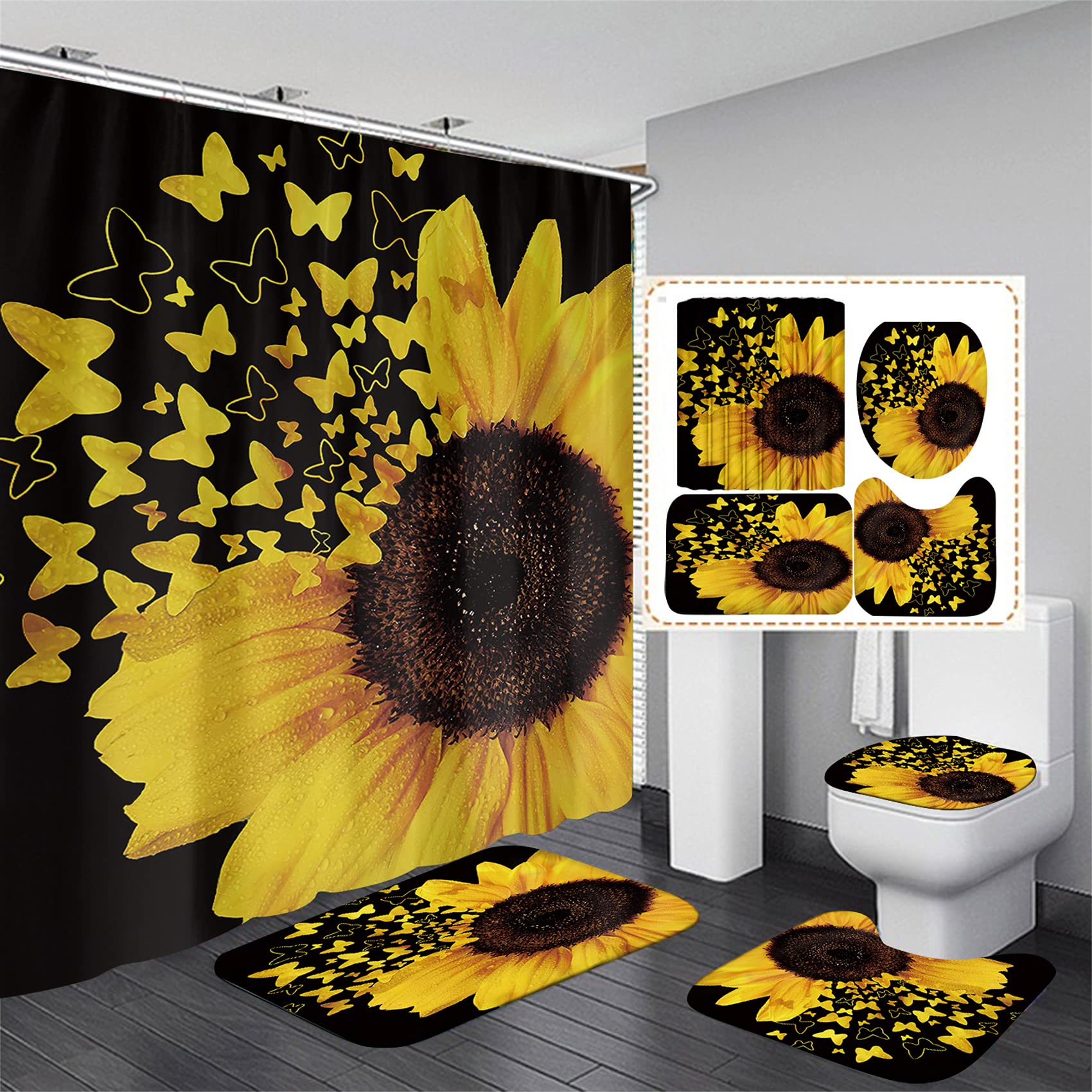 AZHM 4-Piece Butterfly Sunflower Shower Curtain Set with Non-Slip Bath Mat, Toilet Lid Cover & 12 Hooks - Waterproof Bathroom Decor for Home, Apartment, Dorm (Butterfly Floral Design)