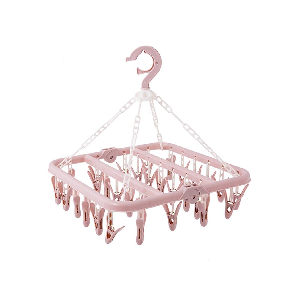 32 Clip Folding Clothes Hanger - Windproof Laundry Drying Rack for Socks, Underwear & Baby Clothes | Space Saving Clothesline for Small Spaces | Pink (Ideal for Apartments, Dorms & Travel)