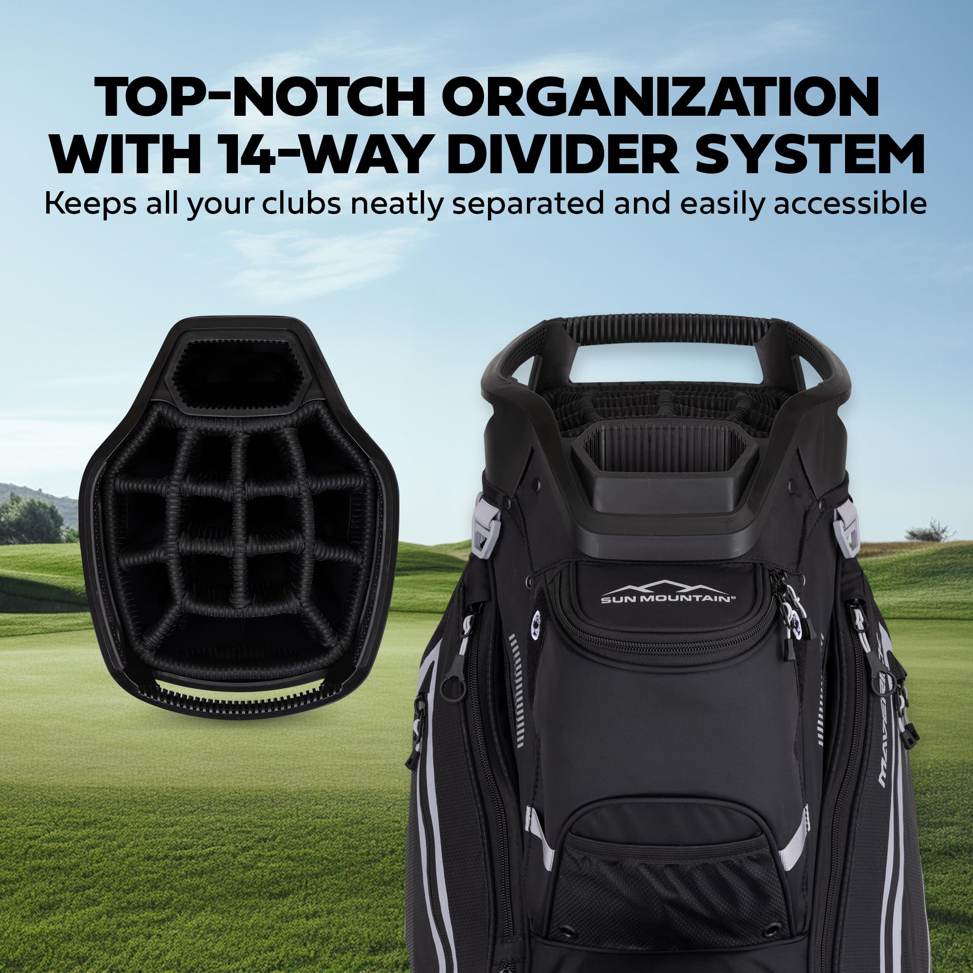 Sun Mountain 2025 Maverick 14-Way Divider Golf Bag with 9 Spacious Pockets - Lightweight Stand/Cart Bag for Men & Women - Ergonomic Dual Shoulder Straps - Perfect for Walking Courses & Golf Cart Use