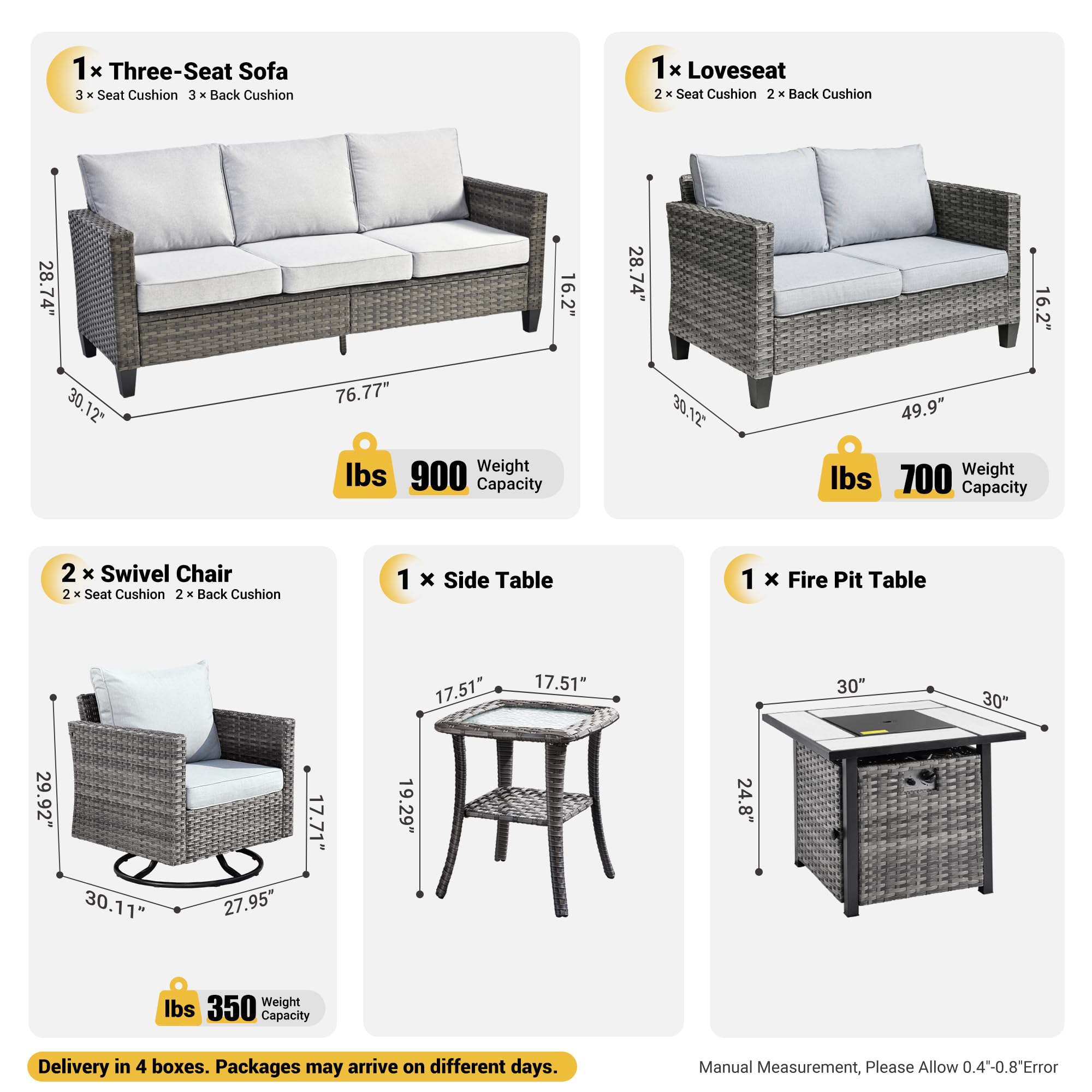 6-Piece Outdoor Patio Furniture Set with Square Fire Pit Table, Swivel Rocking Chairs & Loveseat - Grey Rattan Wicker Conversation Set for Deck, Porch, Backyard & Garden - Perfect for Entertaining, Relaxing & Outdoor Gatherings