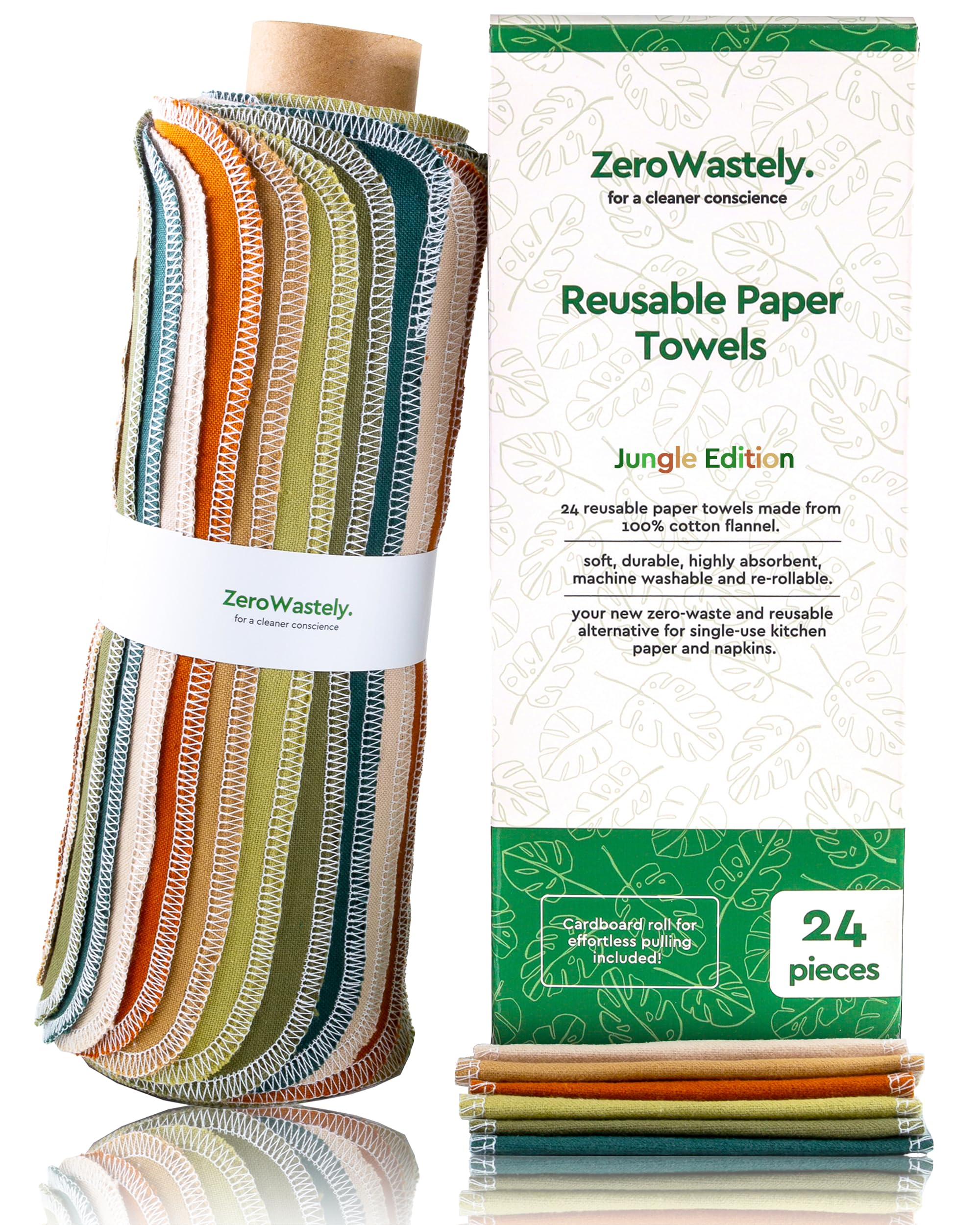 24-Pack Reusable Paper Towels | 100% Cotton Super Soft & Absorbent Cloth Towels | Washable & Durable | Eco-Friendly Kitchen Cleaning, Spills, Dusting | Reduce Waste with ZeroWastely