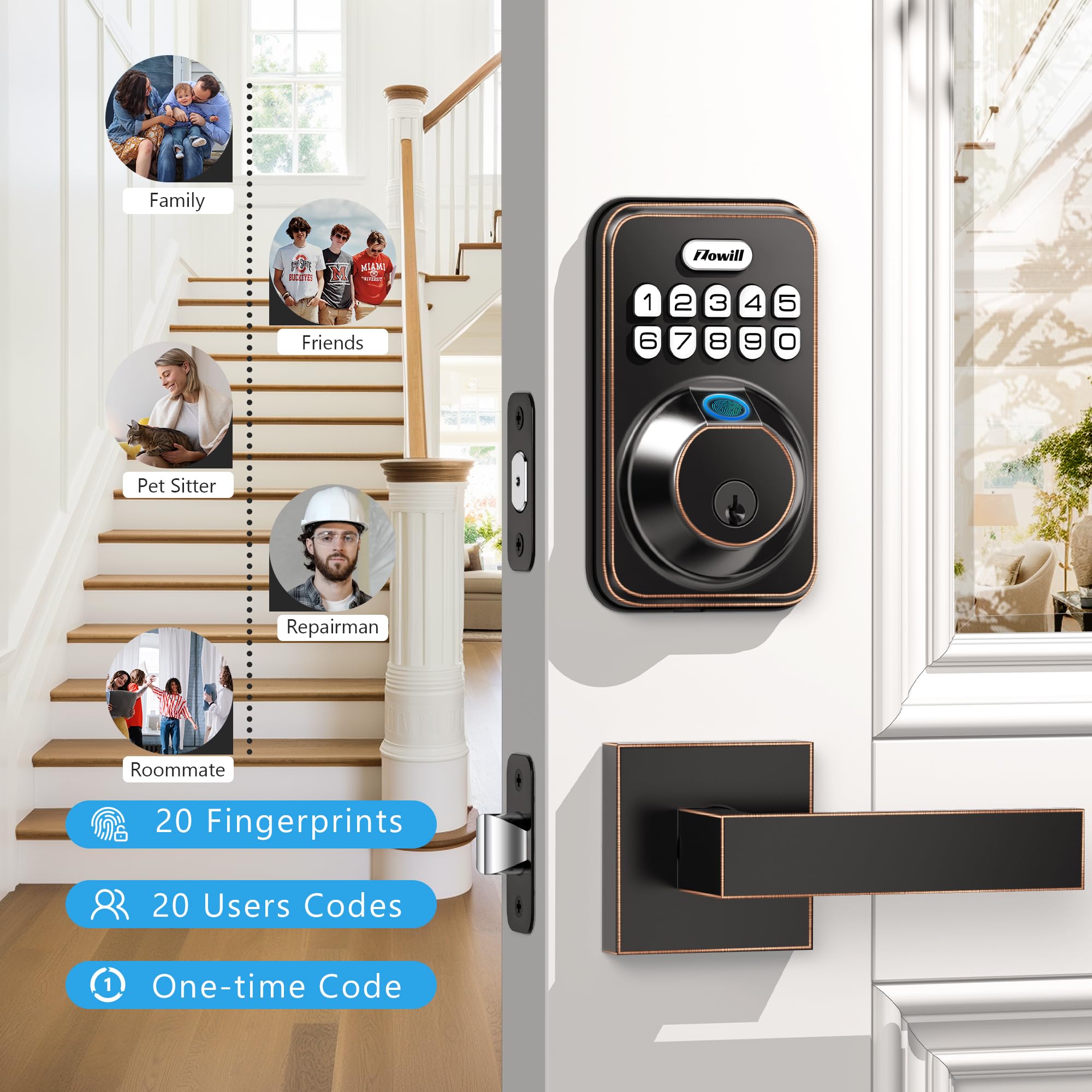 Zowill DK02A-L Smart Fingerprint Front Door Lock Set with 2 Handles - Auto Lock & One-Touch Lock, Easy Installation, Electronic Keypad Deadbolt, Keyless Entry Door Lock for Home Security | Perfect for Apartments, Houses & Vacation Homes