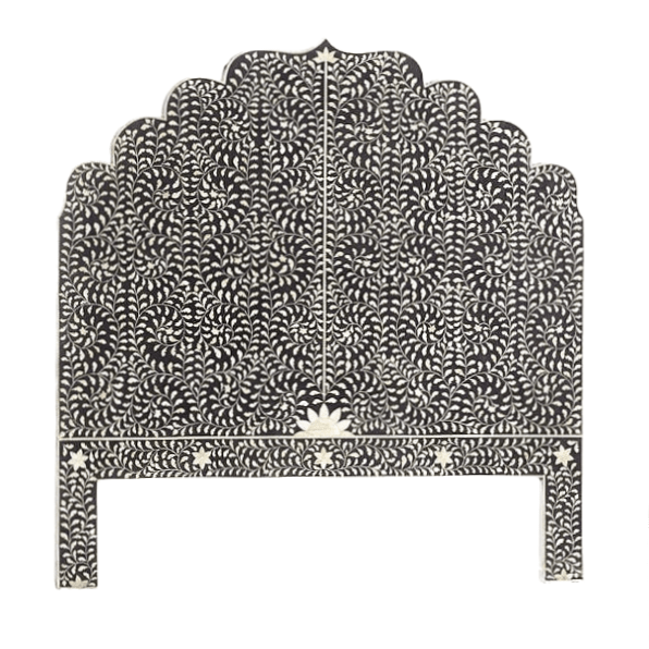 Handmade Bone Inlay Mehrab Bed Headboard - Black Floral Pattern Queen Size for Master Bedroom Decor | Elegant Boho Chic Bedroom Furniture with Carved Details