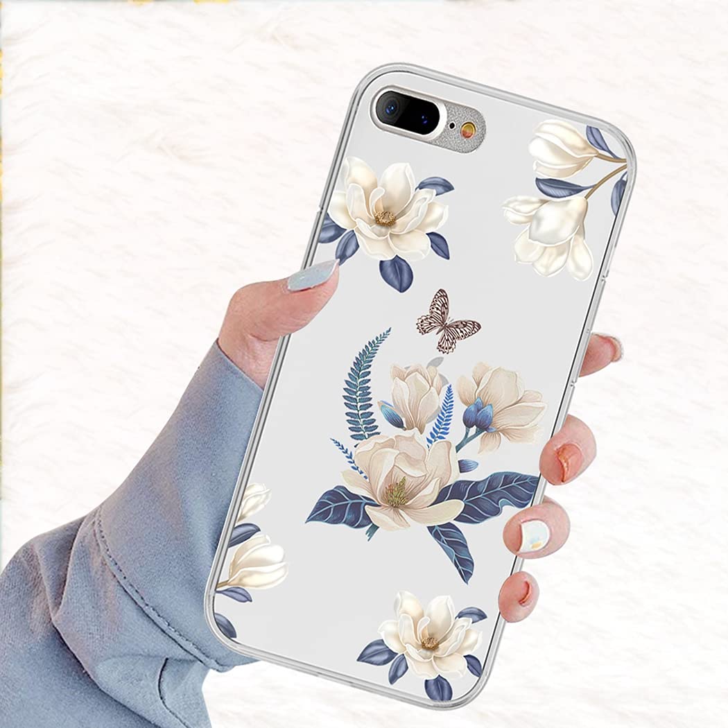 Premium Cute Clear Slim Shockproof TPU Rubber Phone Case for iPhone 7 Plus/8 Plus - Floral Design Protective Cover for Women & Girls - Perfect for Everyday Use, Work & Travel (White Flower Pattern)